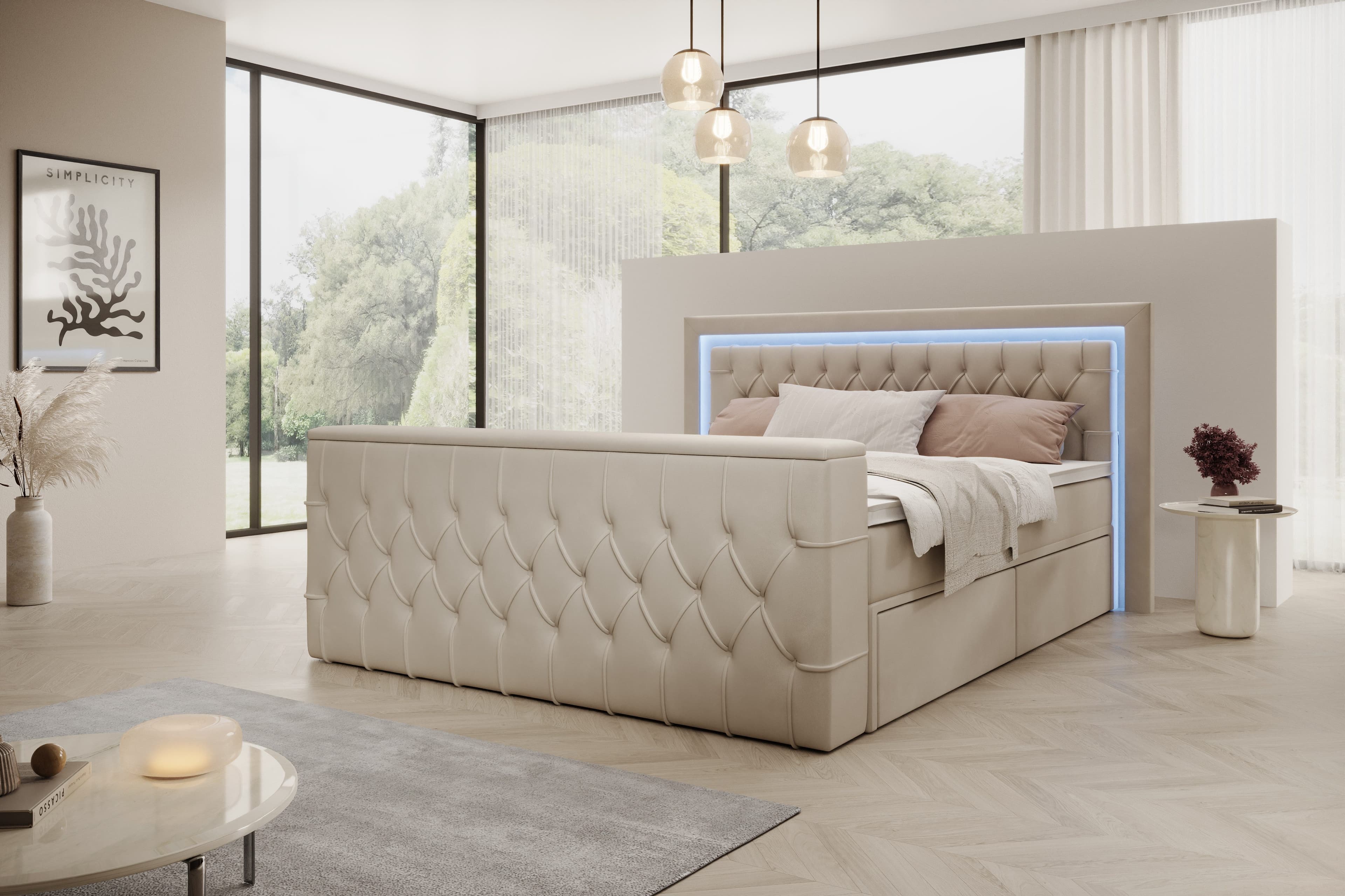 PROMETO Möbel Boxspringbett Doppelbett mit Matratze, Schubladen, TV-Lift, LED-Beleuchtung, 7-Zonen-Taschenfederkernmatratze, Topper - Bild 2