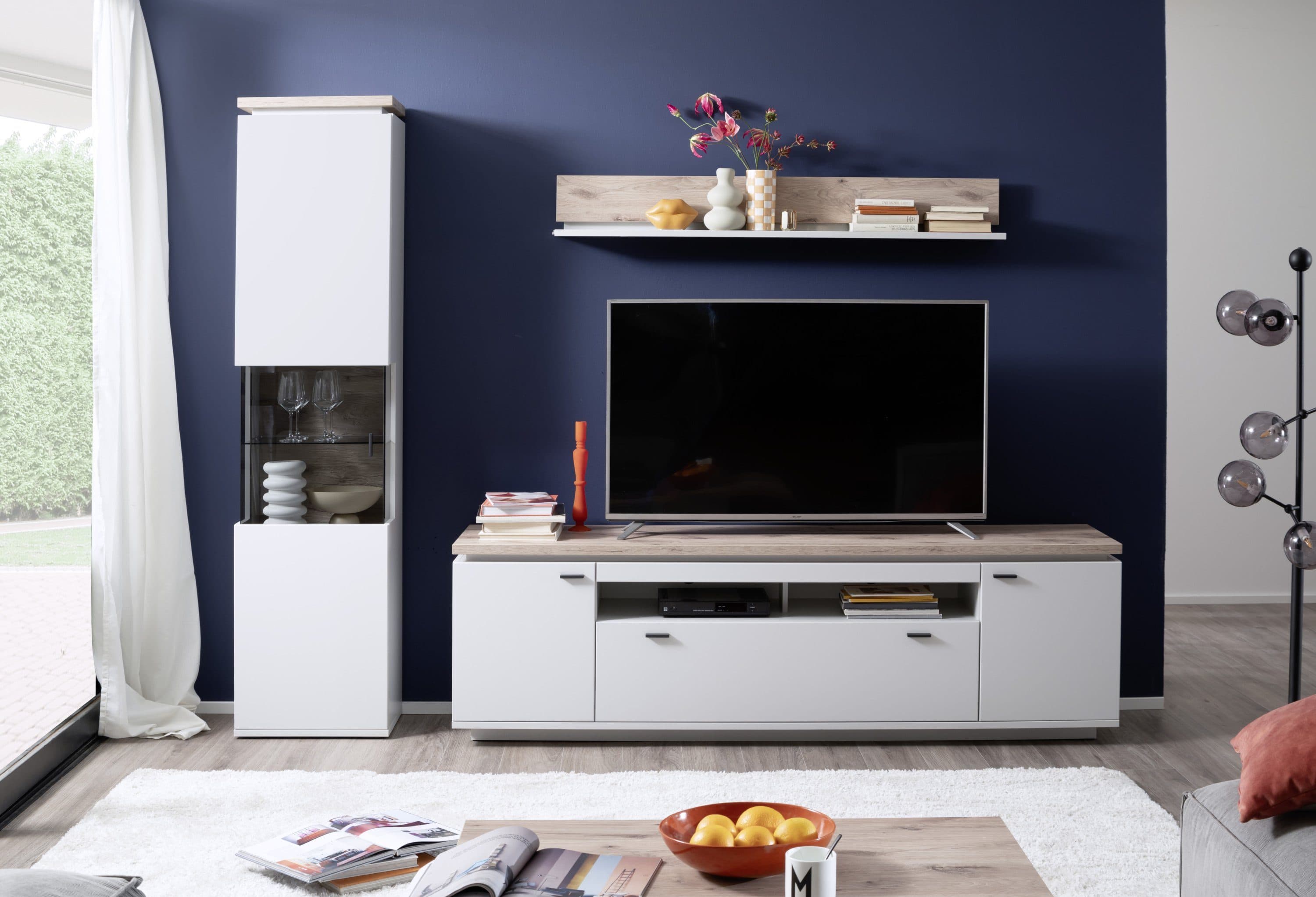 HARPER Wohnwand MANAGUA Modern White & Viking Oak mit Glastür