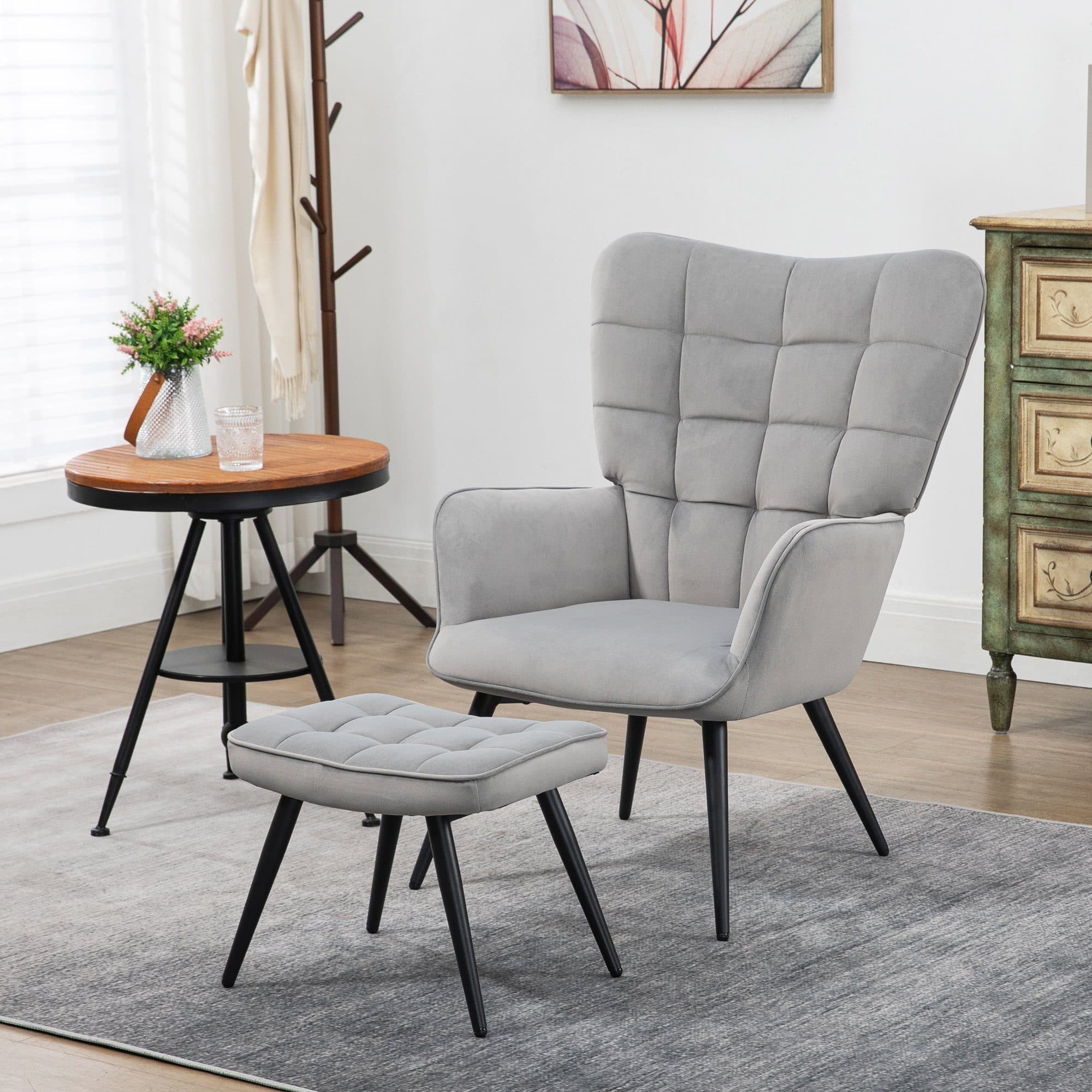 HOMCOM Relaxsessel mit Hocker Hellgrau Samt Optik - Bild 2