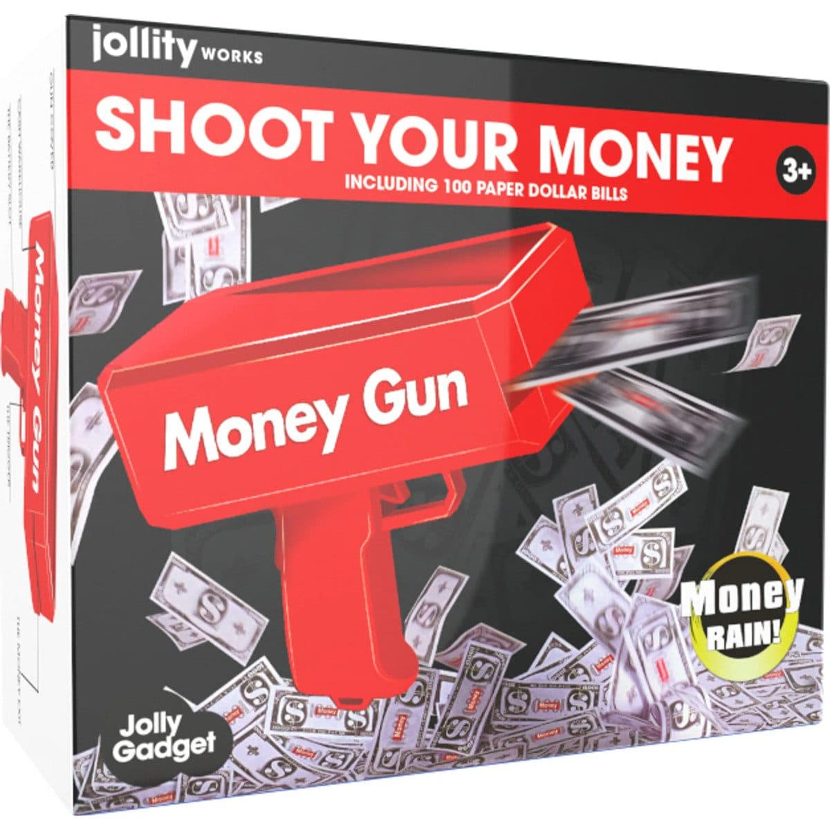 Jollity Spielgeld Money-Gun Geldpistole Rot mit 100 Scheinen