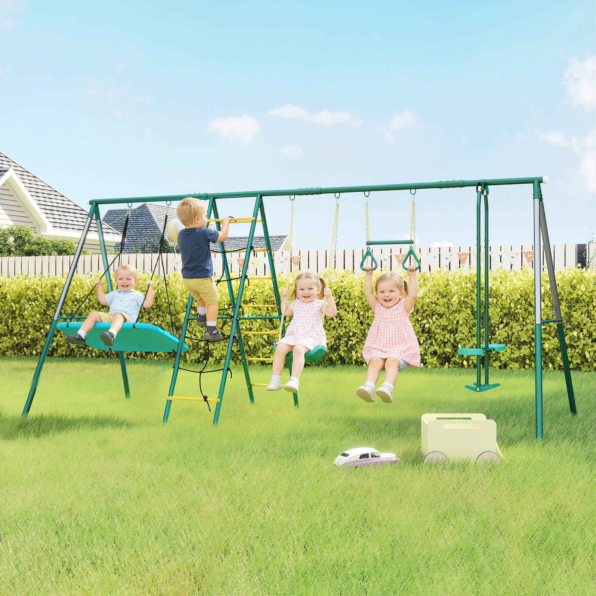 AIYAPPLAY 5-in-1 Kinderschaukelgestell mit Nestschaukel und Klettergerüst Grün - Bild 2