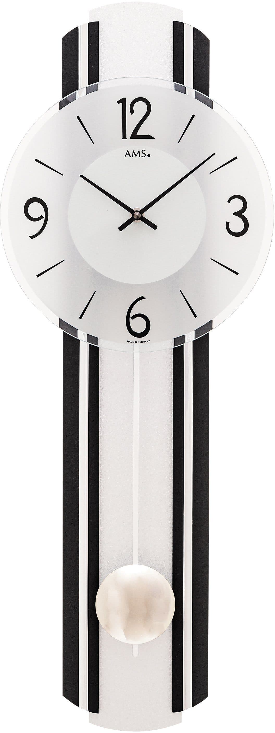 AMS Pendelwanduhr W7231 Quarzuhr Holzgehäuse Schwarz/Silber Made in Germany
