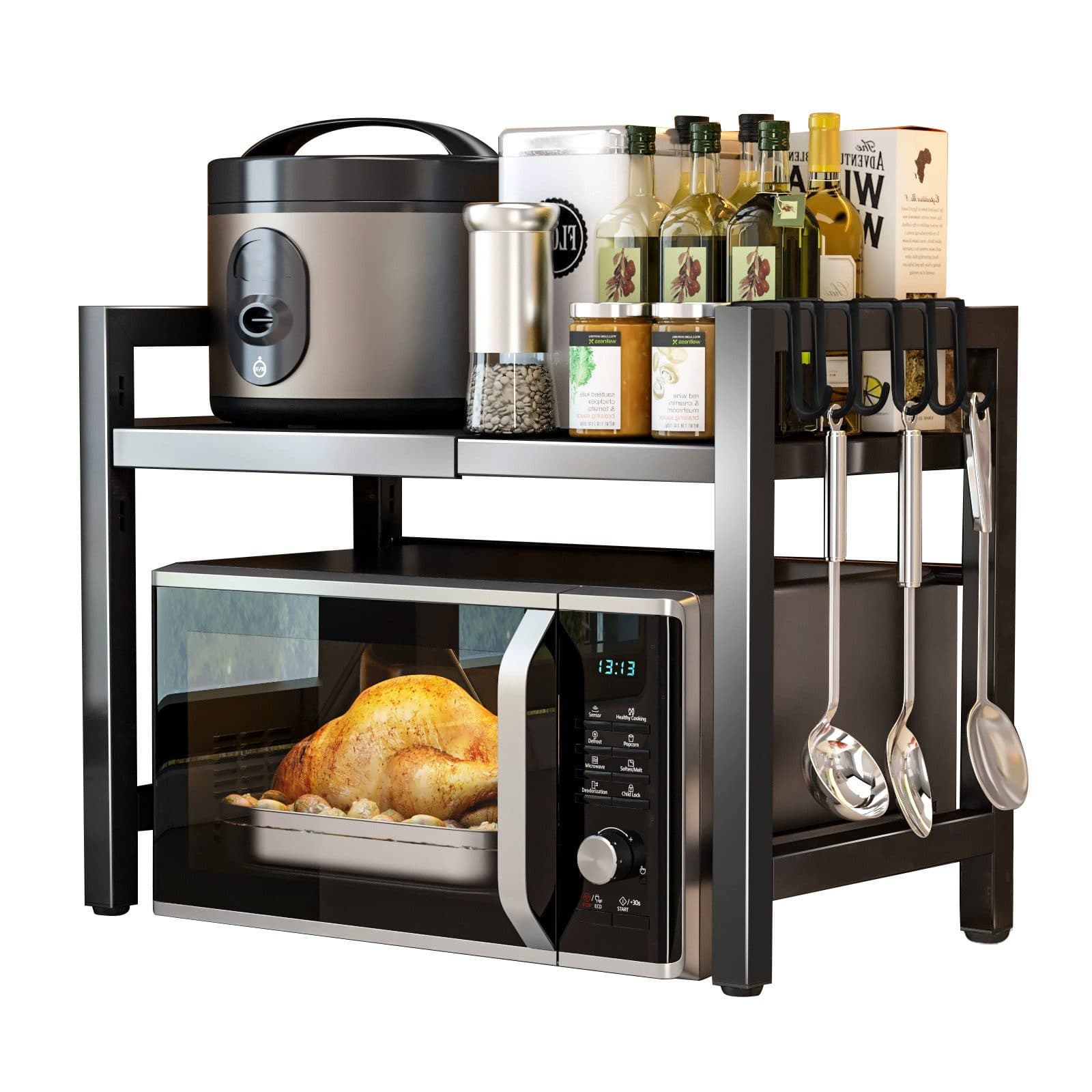 Refined Living Standregal Verstellbares Mikrowellenregal 40–60 cm, mit 6 Haken, Küchenregal Schwarz - Bild 2