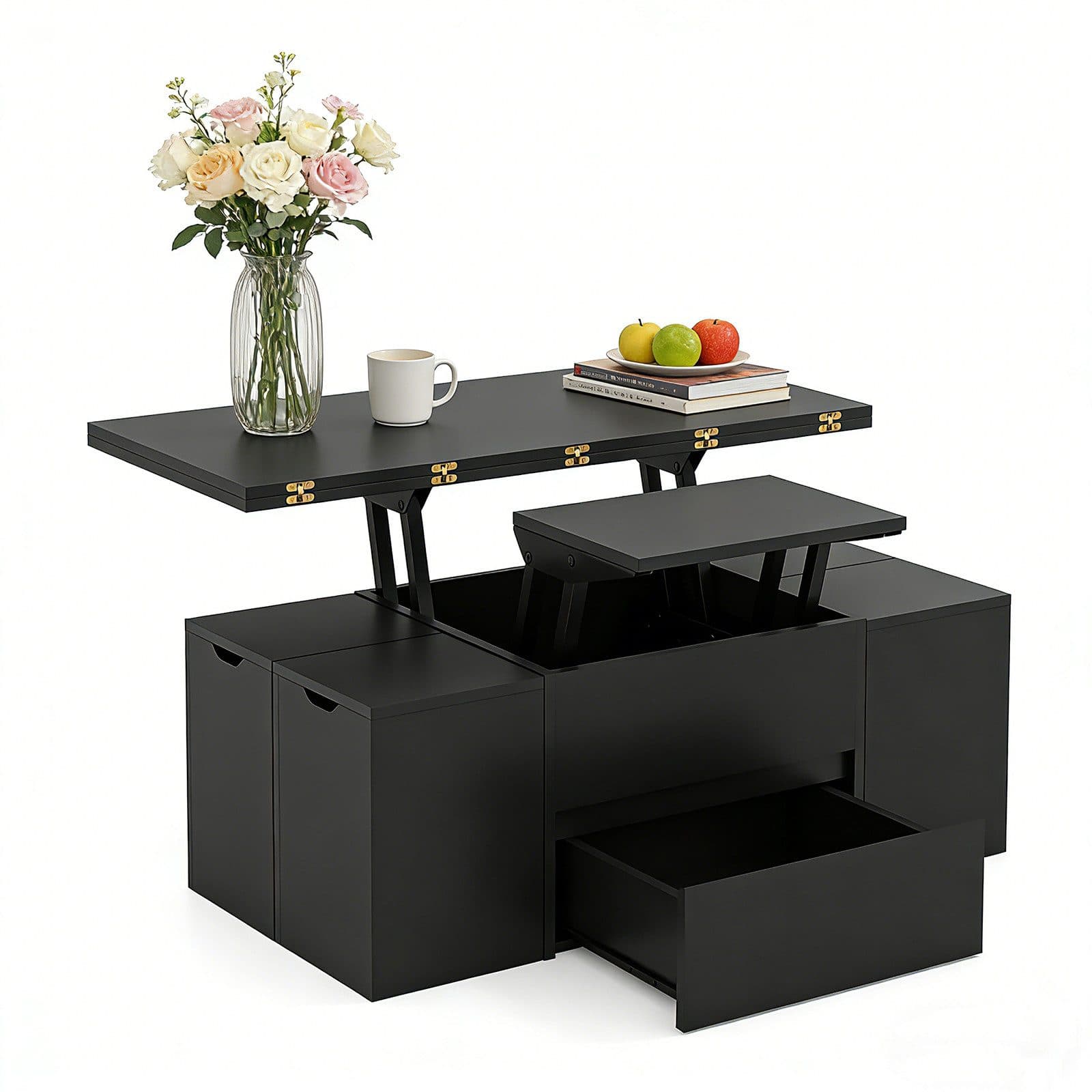 KOMFOTTEU 3-in-1 Couchtisch mit 4 Hockern & Schublade Schwarz/Weiß - Bild 2