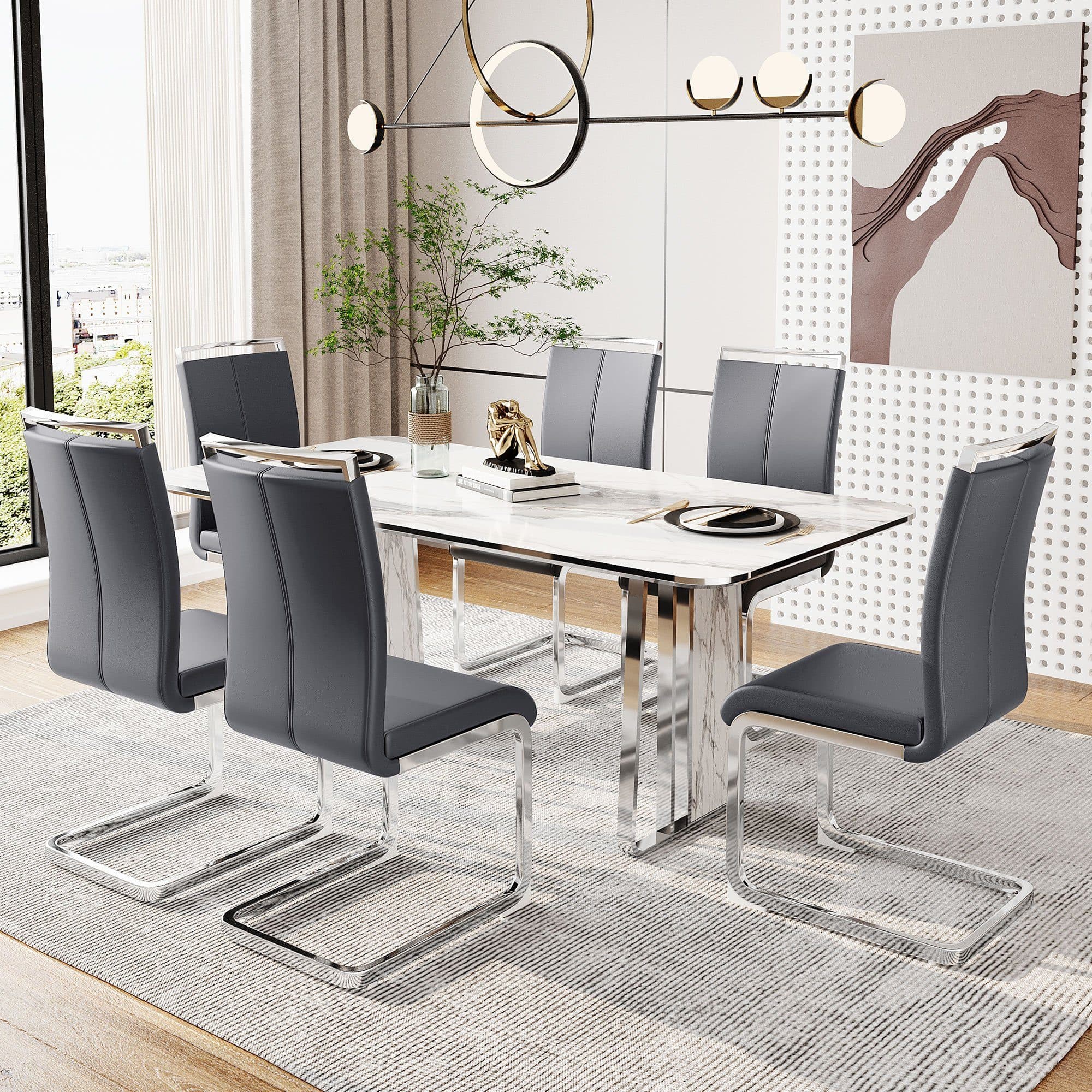 Merax Freischwinger 4er Set Esszimmerstuhl Weiß Silber Kunstleder - Bild 2