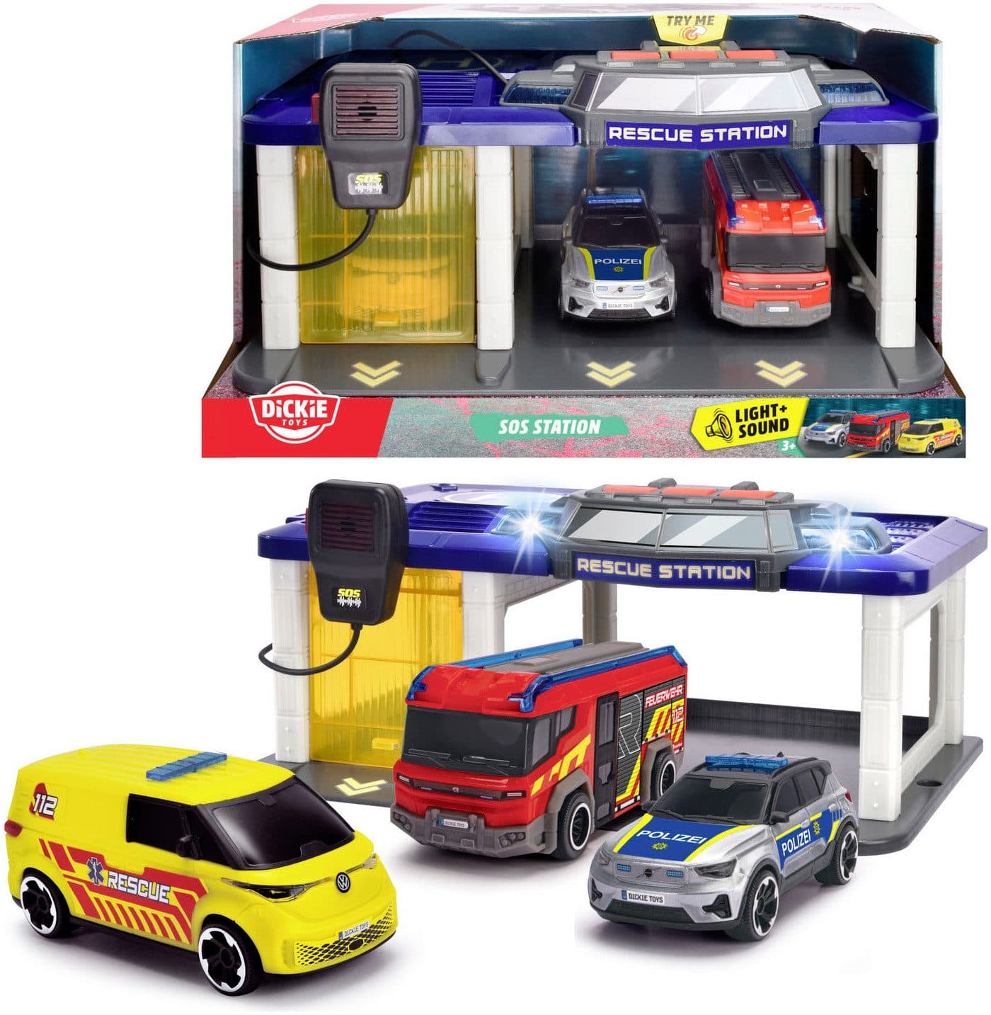 Dickie Toys S.O.S Station Spiel-Gebäude mit 3 Fahrzeugen und Licht Sound
