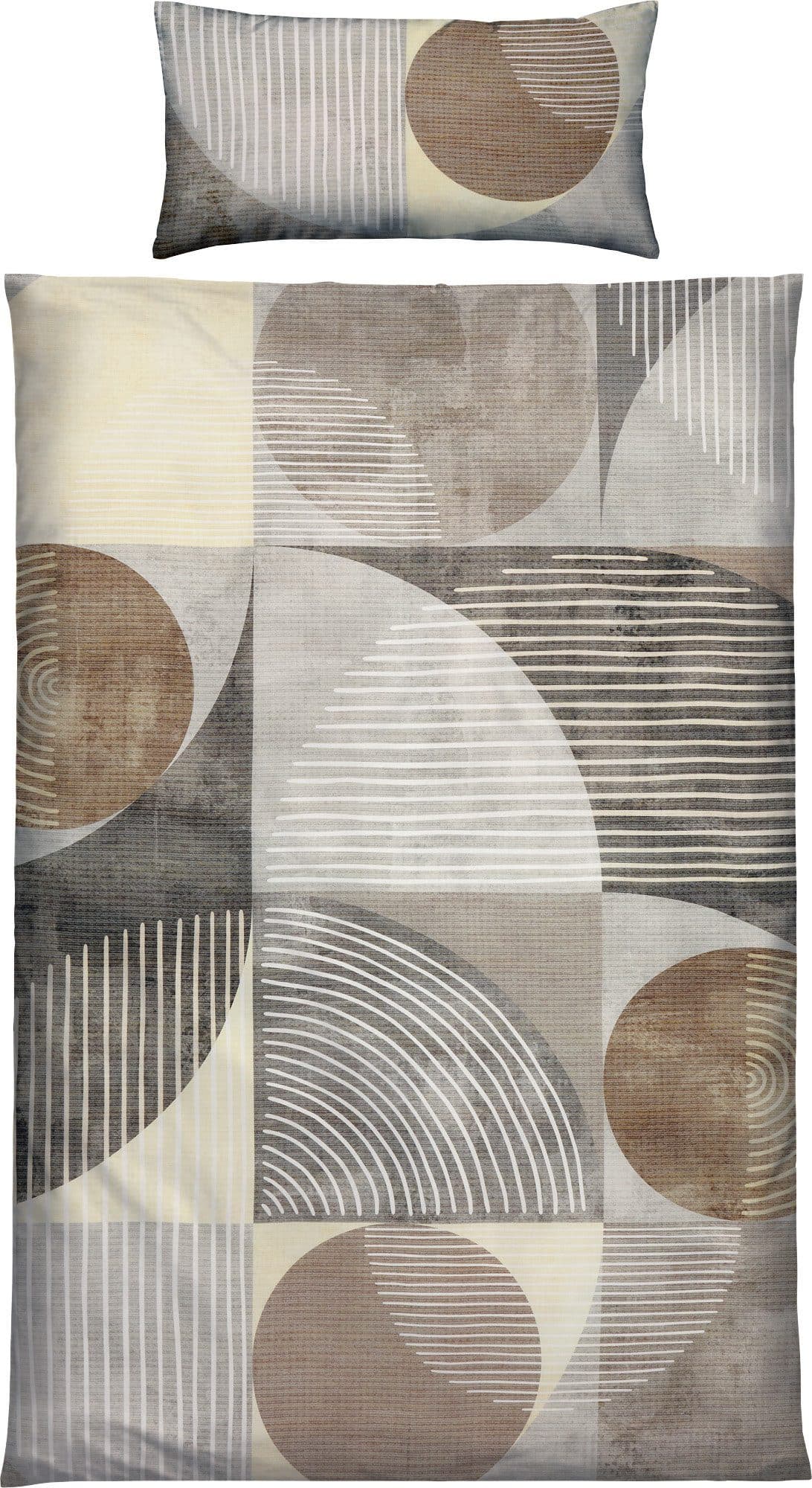 Erwin Müller Mako-Satin Bettwäsche Grau-Beige Streifen/Kreise Grafik - Bild 2