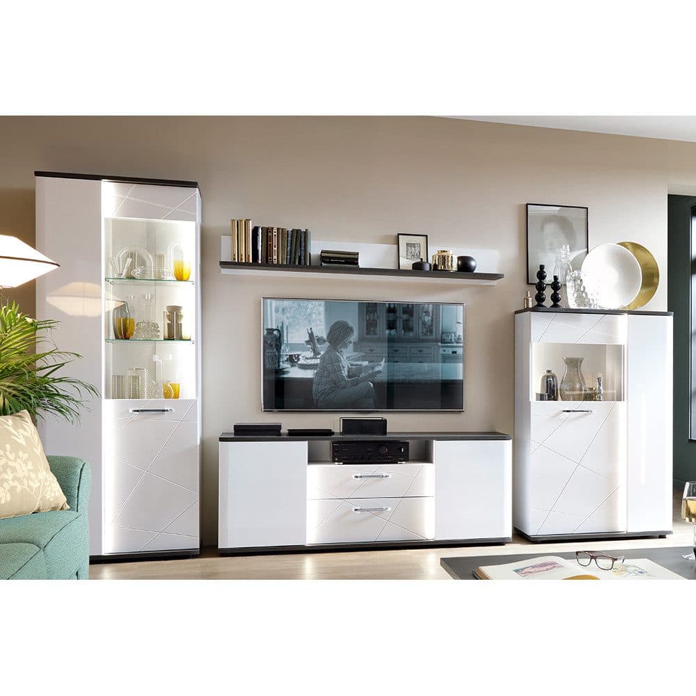 Lomadox Wohnzimmer-Set VISALIA-129 4-tlg. weiß Hochglanz Eiche schwarz - Bild 2