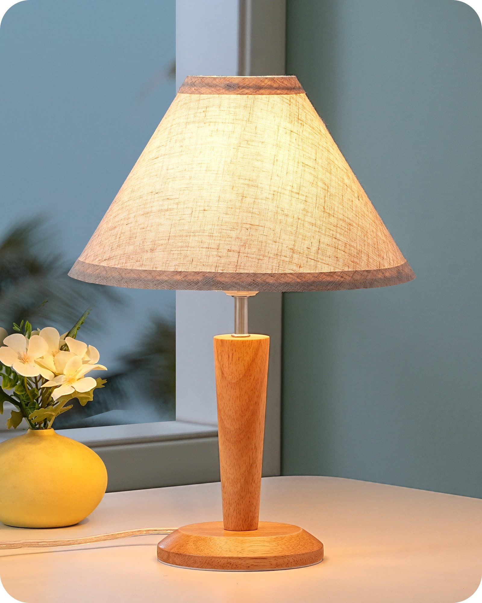 EDISHINE Nachttischlampe Massivholz Leinen Beige LED Warmweiß - Bild 2