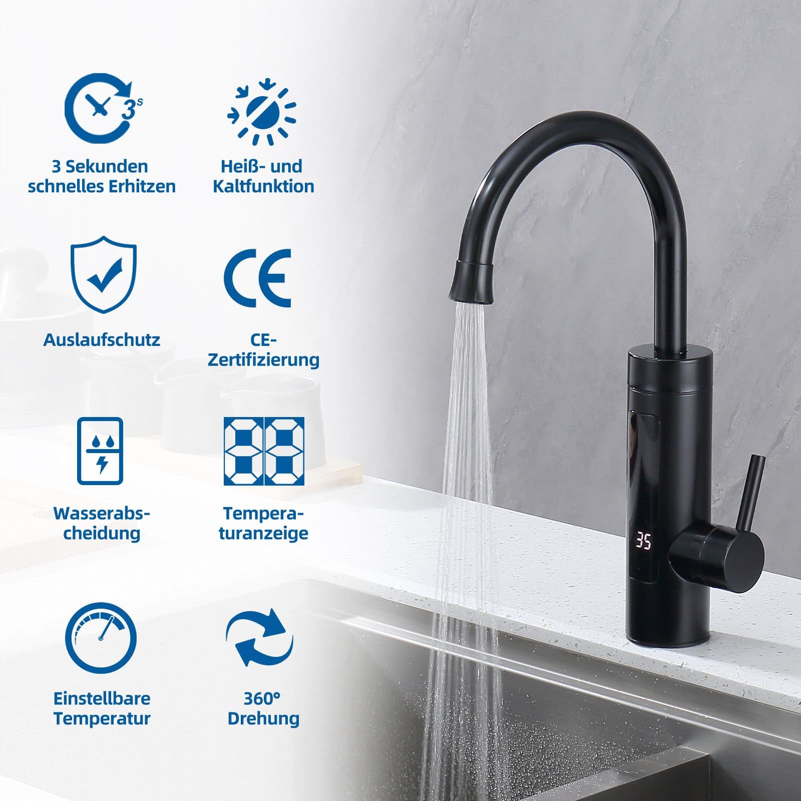 HOMELIVE Küchenarmatur Schwarz 360° Drehbar LED-Temperaturanzeige Edelstahl - Bild 2