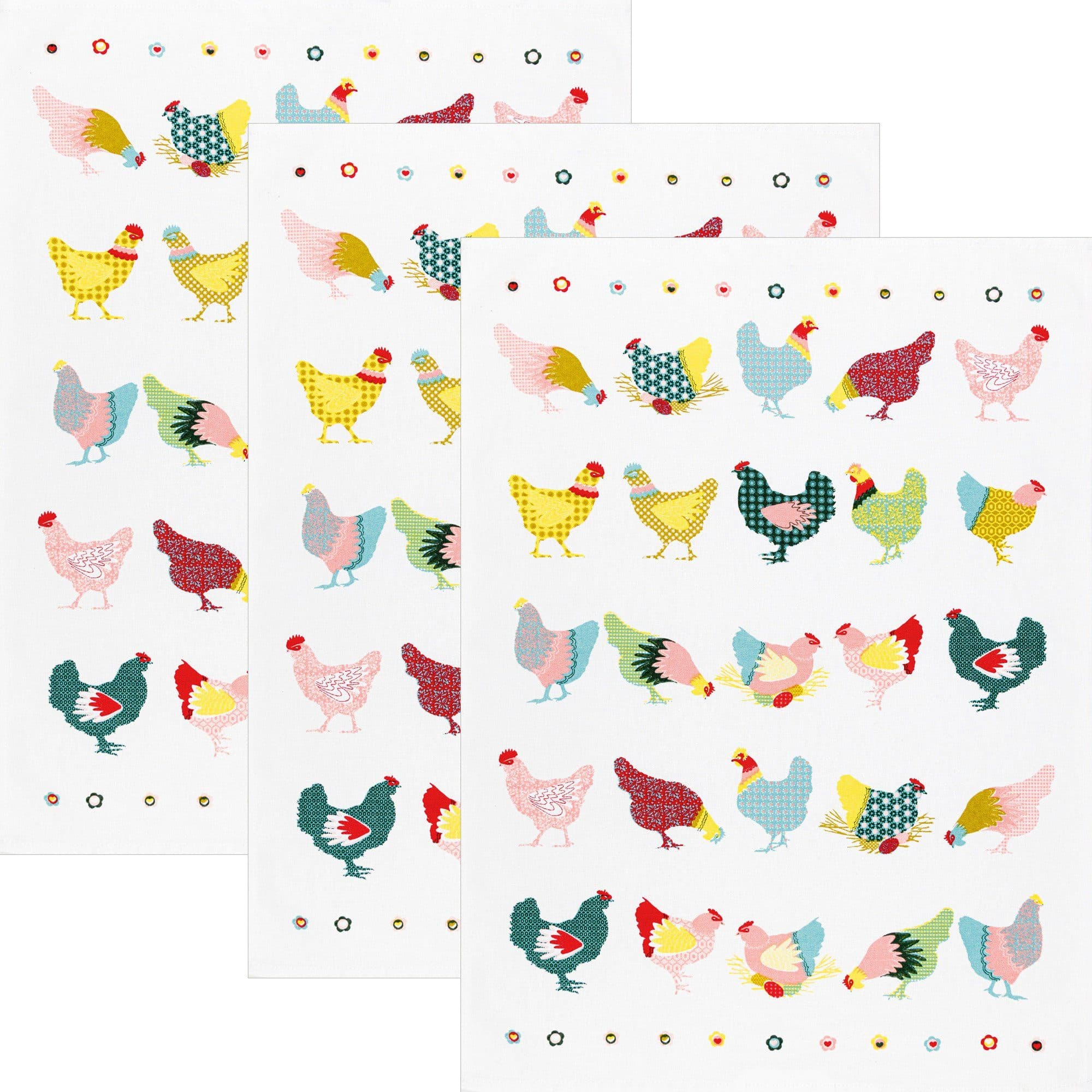 Kracht Geschirrtuch 3er-Pack Halbleinen Bunt Hühner Motiv