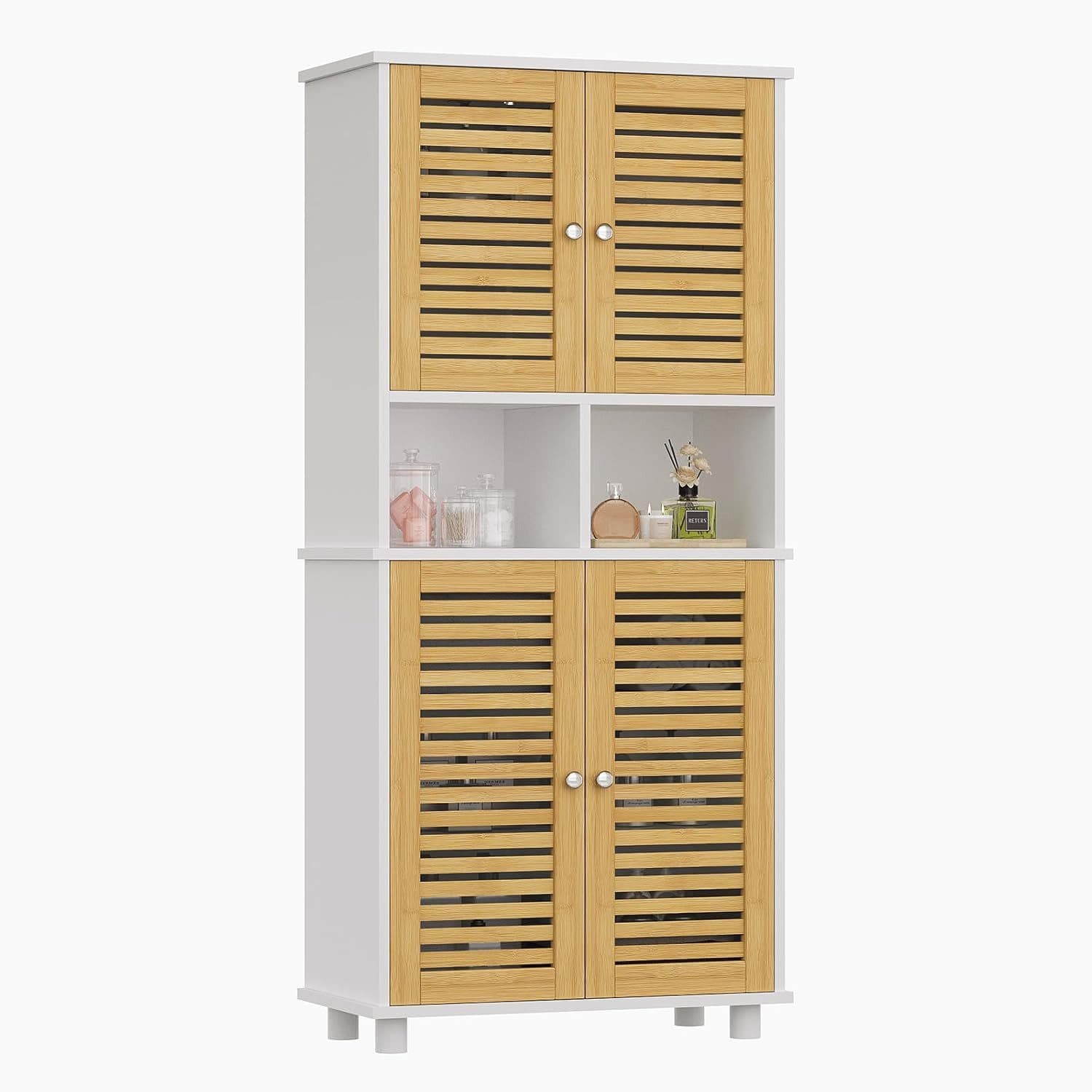 MSMASK Hochschrank Badezimmerschrank 4 Bambustüren Weiß - Bild 2