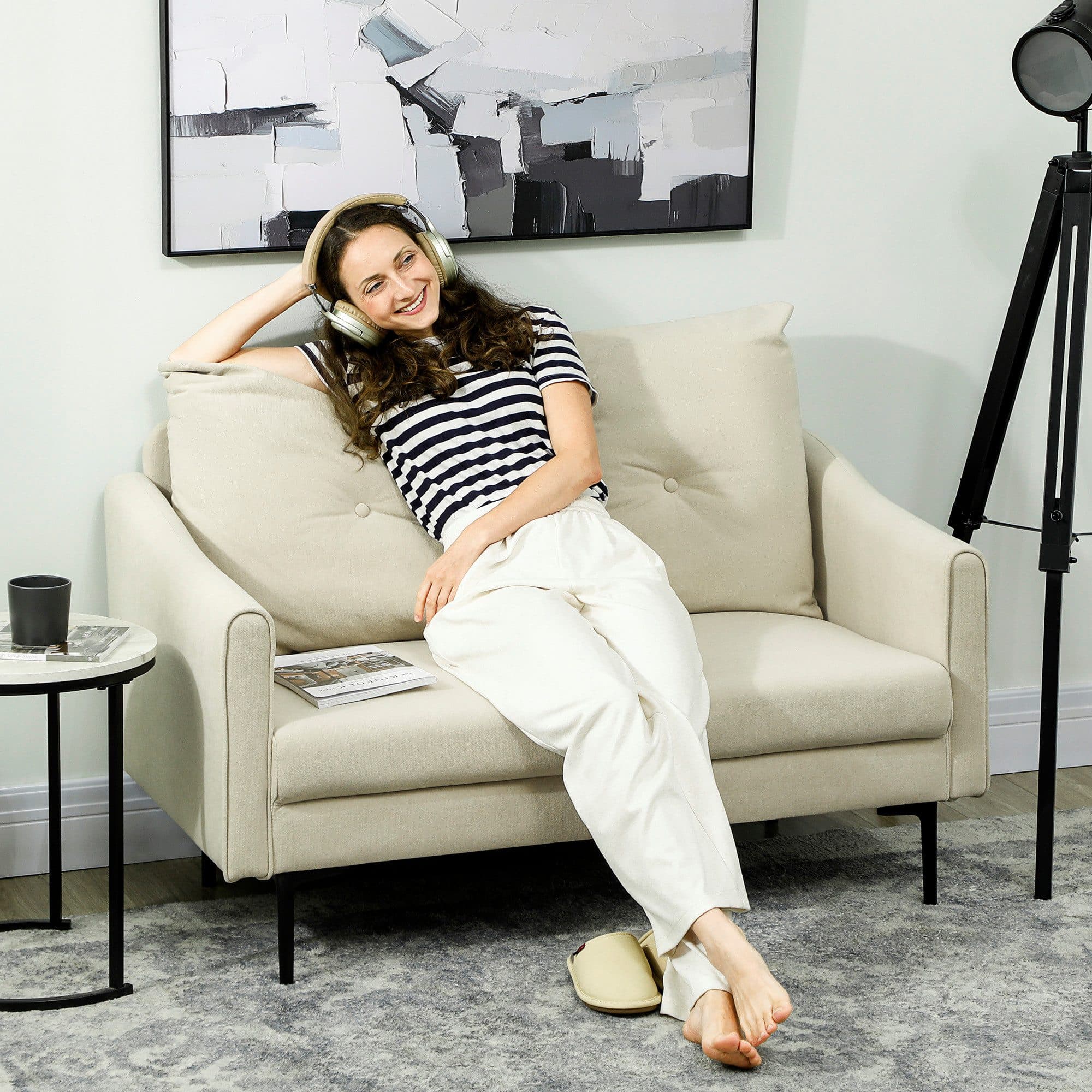 HOMCOM 2-Sitzer Polstersofa mit Armlehne, Samtoptik, Cremeweiß - Bild 2