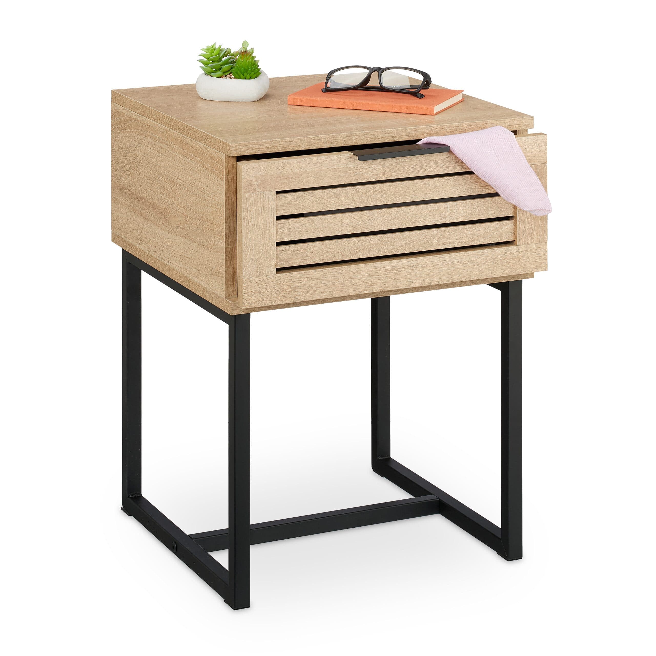relaxdays Nachttisch mit Schublade Natur/Schwarz Modern - Bild 2