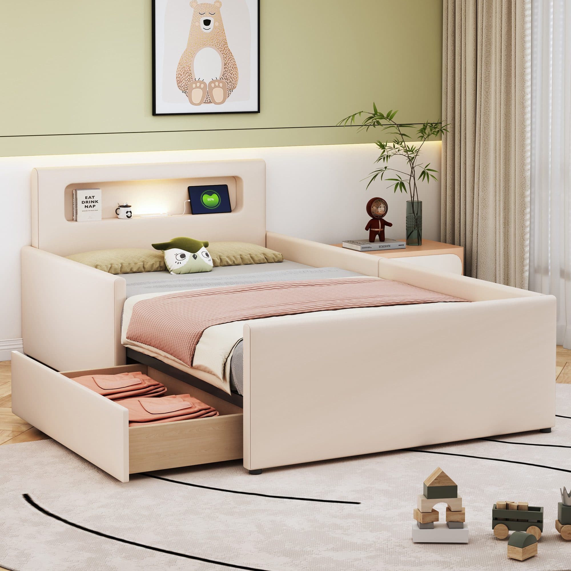 REDOM Polsterbett Kinderbett Beige/Weiß mit Nachtlicht und USB-Anschluss - Bild 2