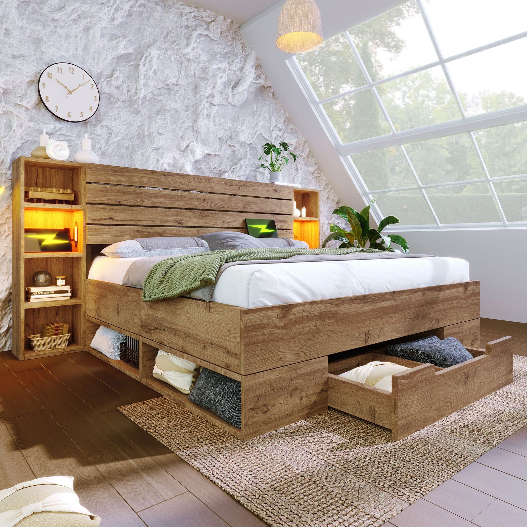 Flieks Holzbett LED Doppelbett 160x200cm mit Stauraum und USB - Bild 2