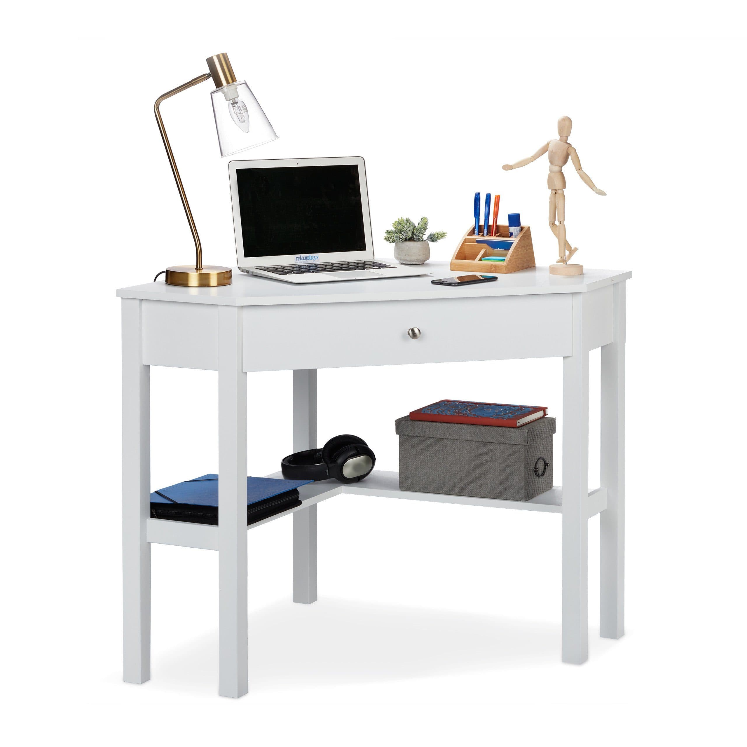 relaxdays Eckschreibtisch Weiß Landhaus-Design mit Schublade und Ablage - Bild 2