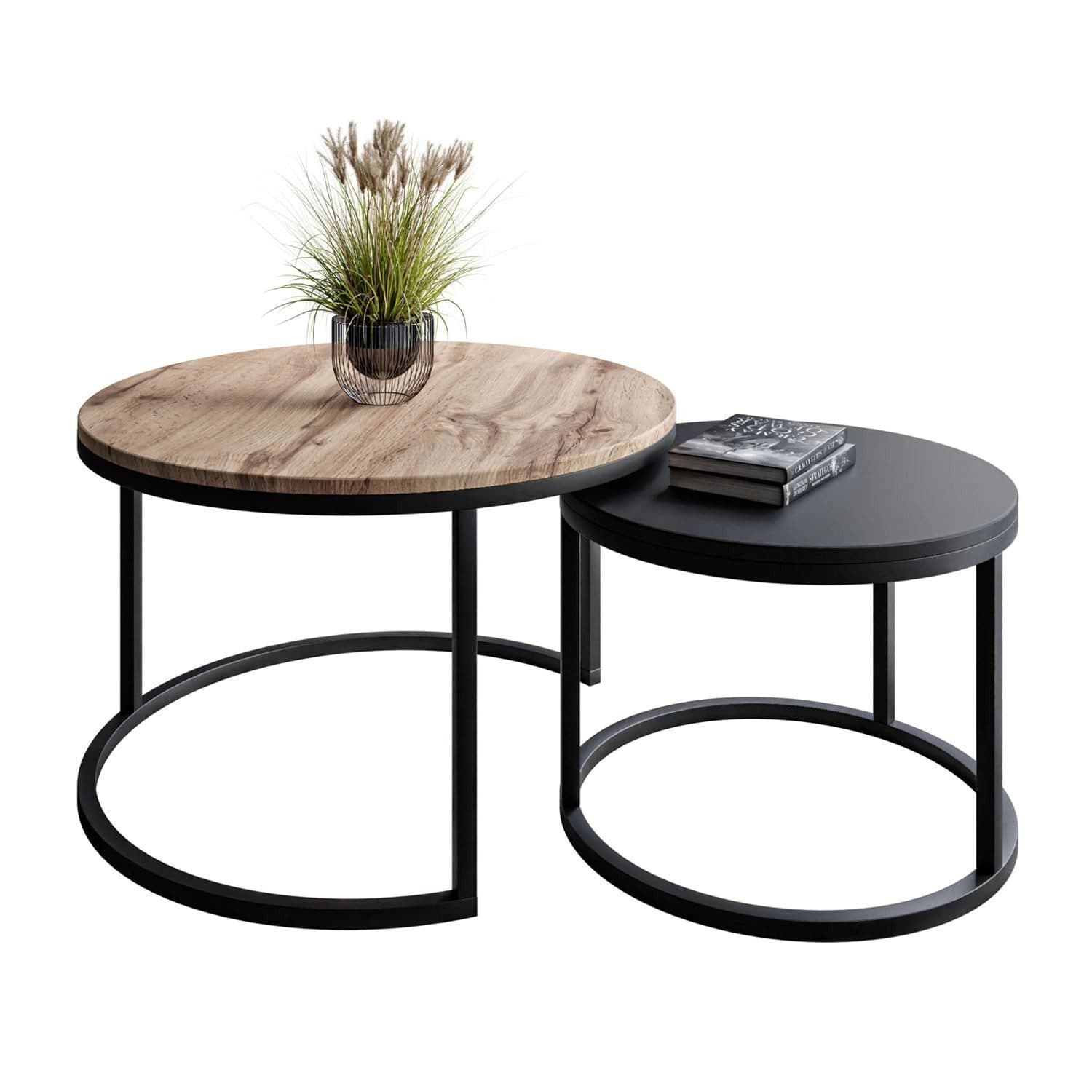 Lookway CIRI MIX 2in1 Couchtisch-Set Rund Wotan Eiche/Schwarz - Bild 2
