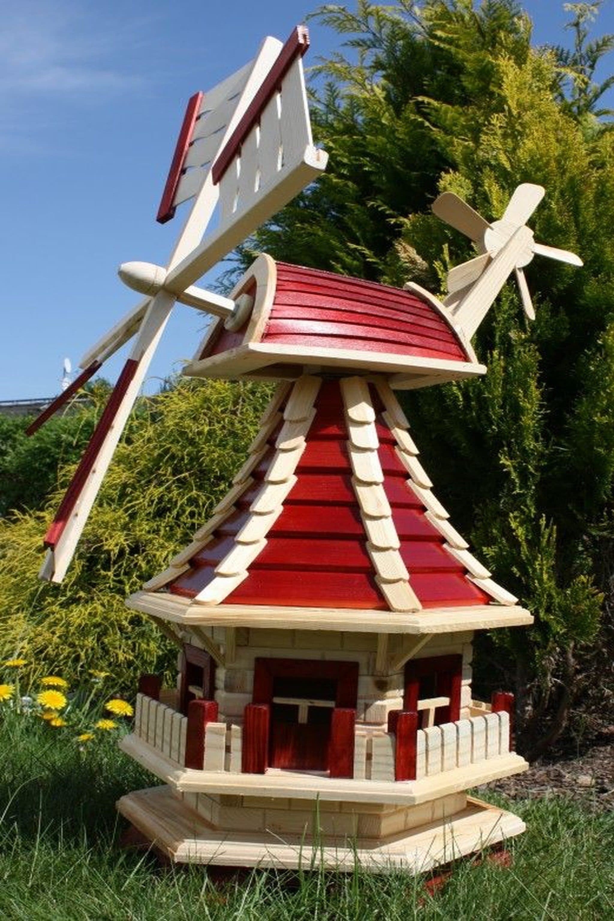 Holzdekoladen Gartenwindmühle Holz Weiß mit Solarlicht