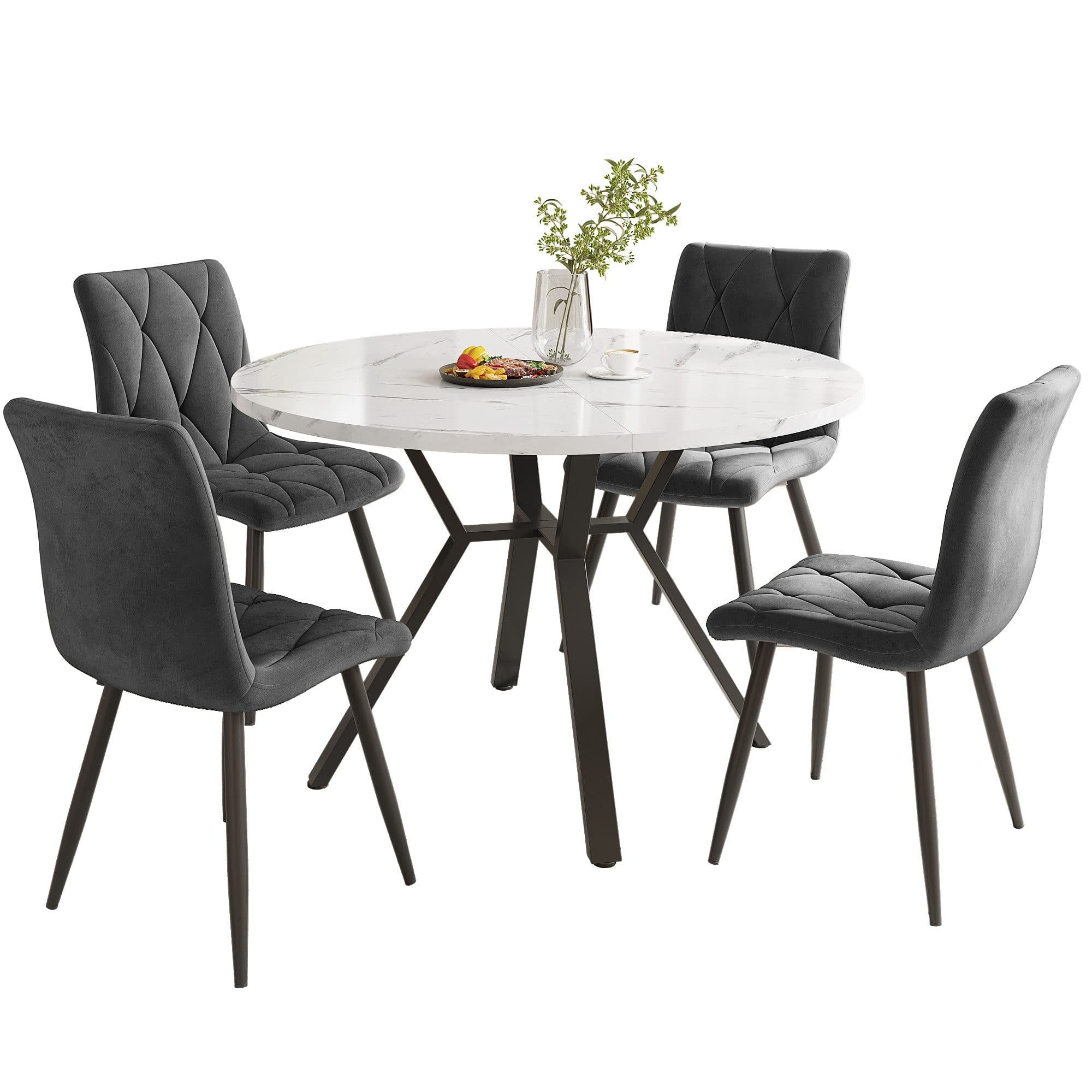 i@home Essgruppe rundes Esstisch aus Marmor mit 4 Samtstühle Grau Grün - Bild 2