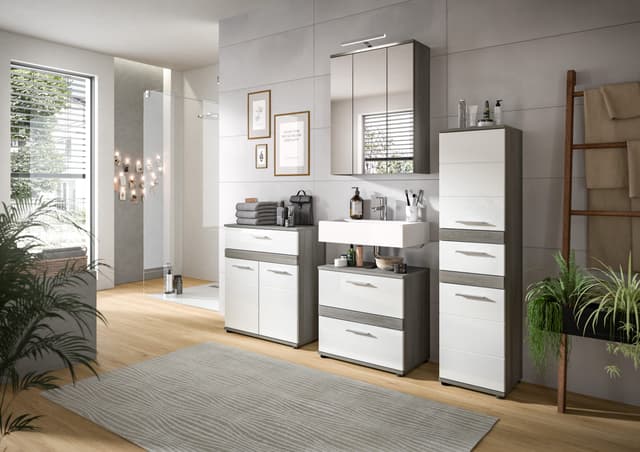 Rauchsilber-Weißer Badezimmerschrank mit 2 Türen und Schublade