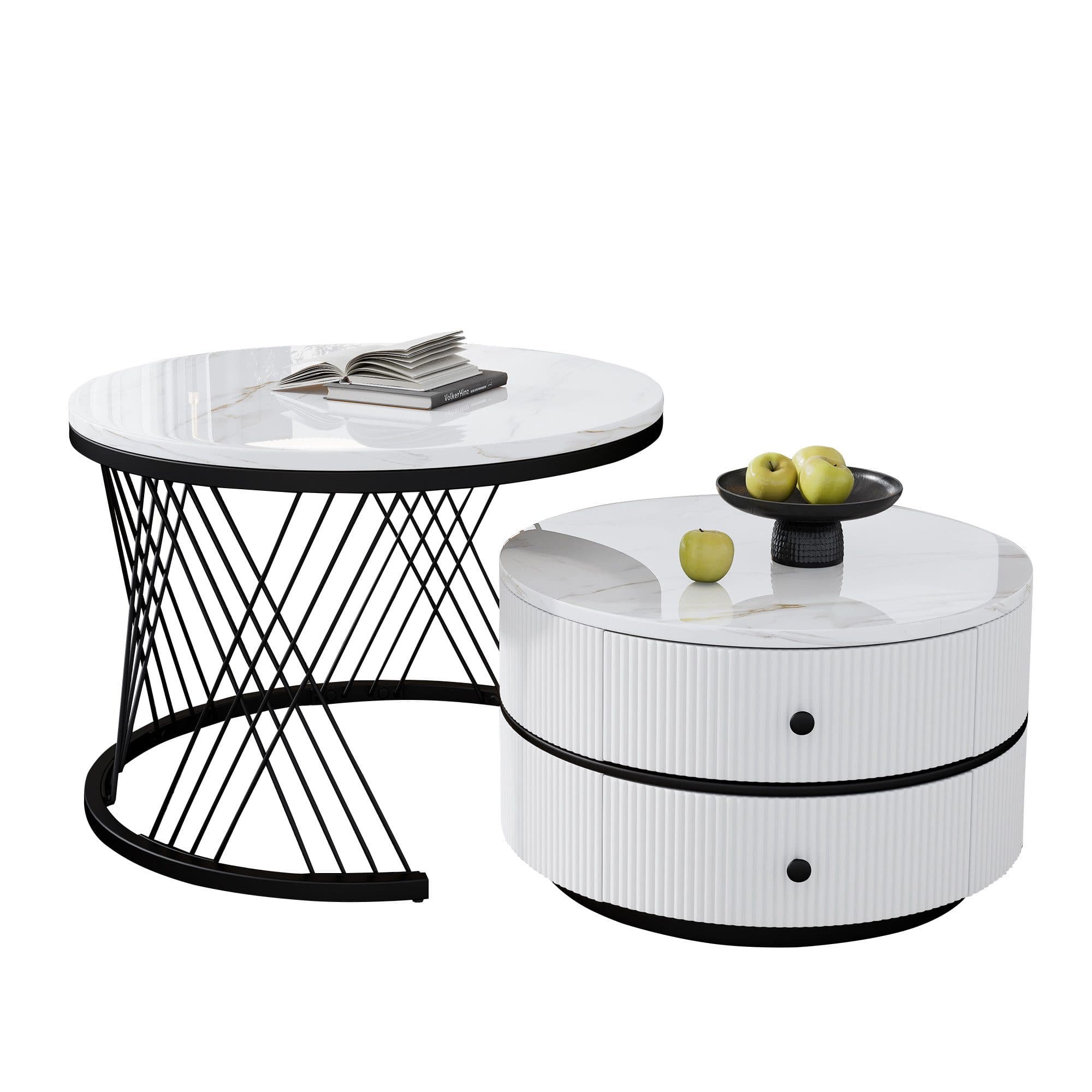Merax Couchtisch Set 2-tlg. Weiß Gold Hochglanz Marmor MDF - Bild 2