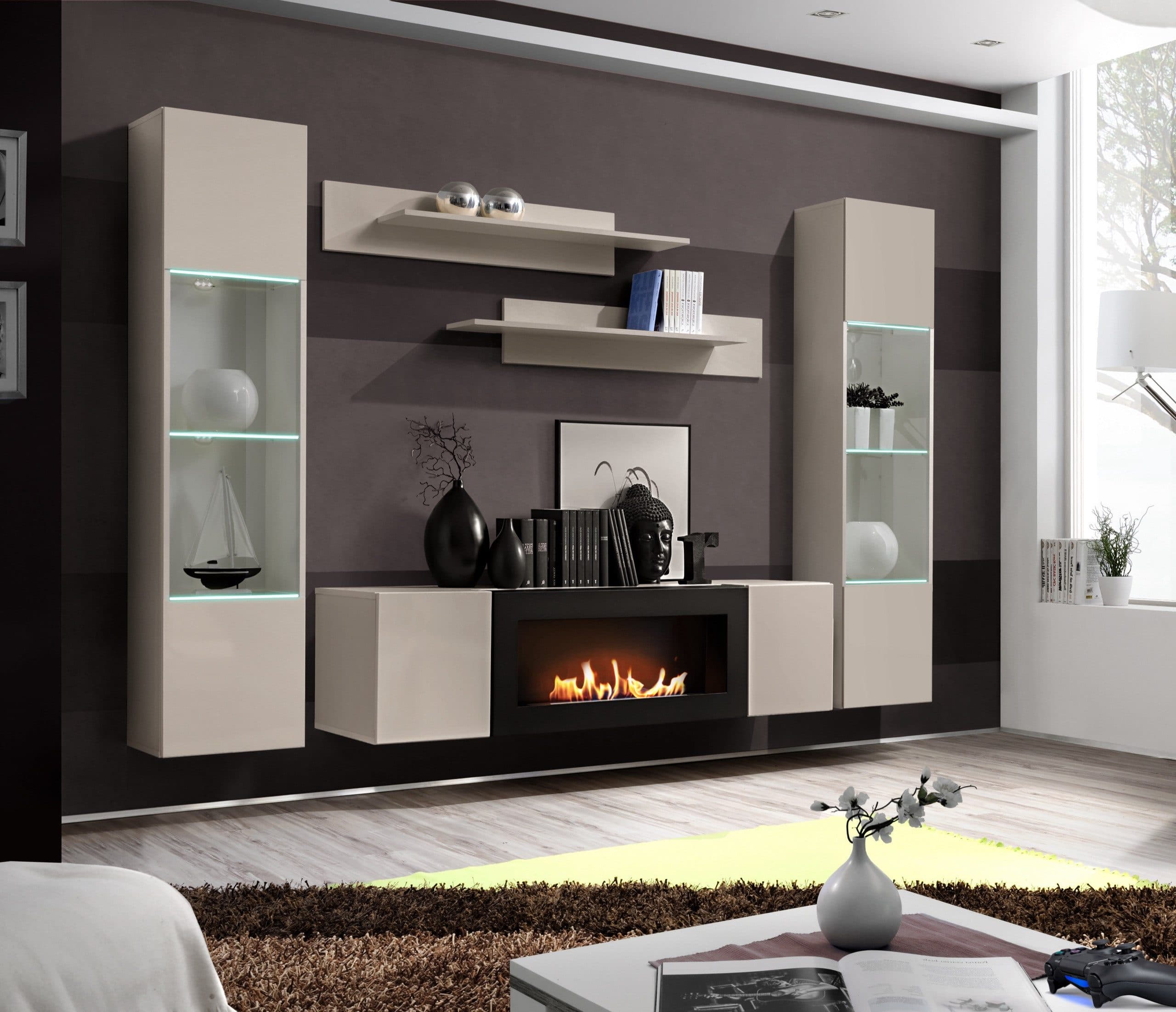 ASM-Moebel Wohnwand FLY M3 CC mit Push-Click System und Bio-Ethanol Kamin