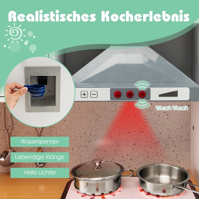 COSTWAY Spielküche Kinderküche Holz Weiß + Natur mit Kochgeräuschen