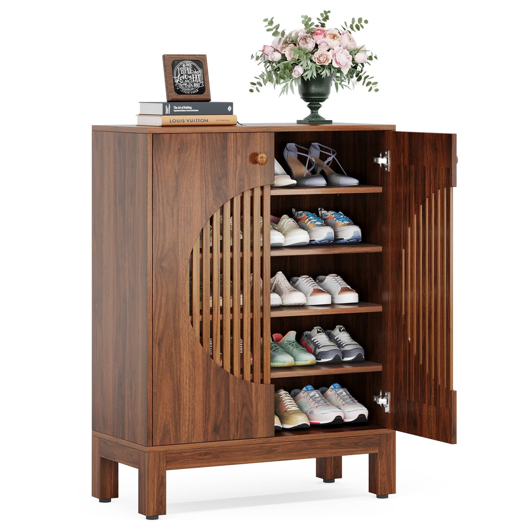 Tribesigns Schuhschrank 5-stöckig Braun mit runden Lamellentüren - Bild 2