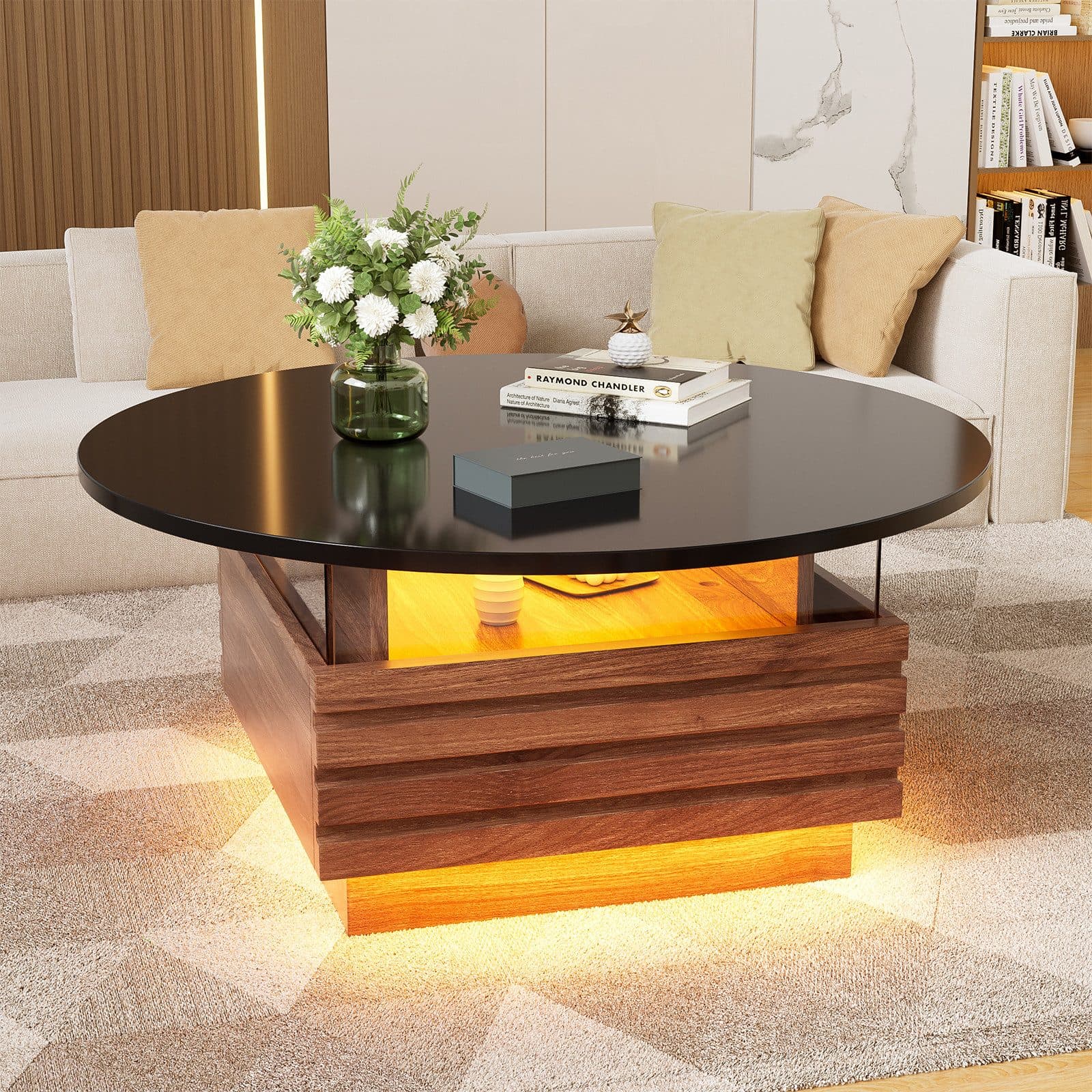TWSOUL Couchtisch Rund Wohnzimmertisch Hochglanz mit 2 Schubladen und Stauraum, Sofatisch Beistelltisch mit LED inkl. APP, Holz&Glas-Seitenwand - Bild 2
