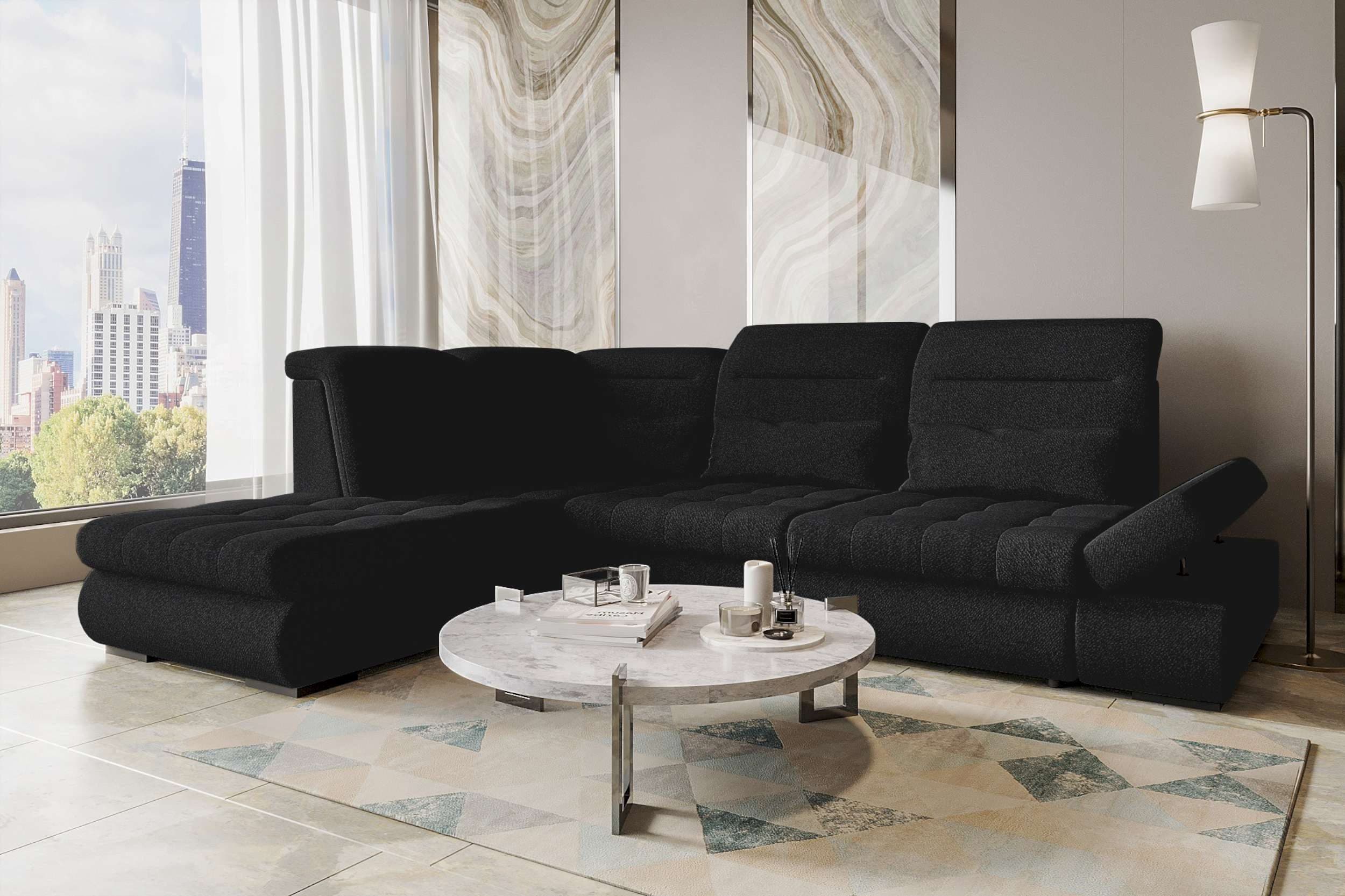99rooms Ecksofa Toscana L-Form Bettfunktion Schwarz Strukturstoff NEVE - Bild 2