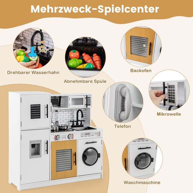 COSTWAY Spielküche Holz Weiß + Schwarz + Gold mit Leuchtendem Herd