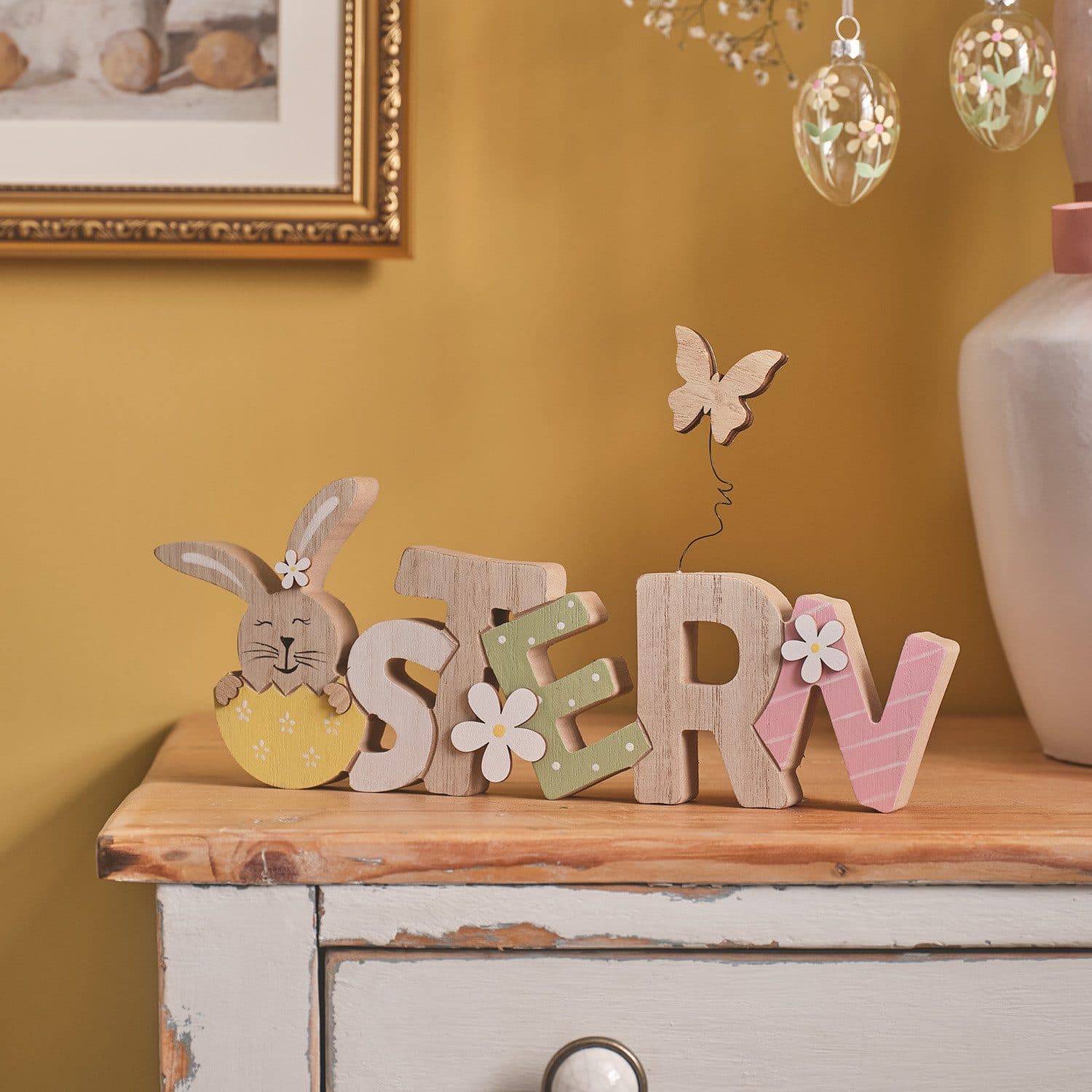 Lights4fun Osterdeko Hase & Schmetterling Holz Pastellfarben