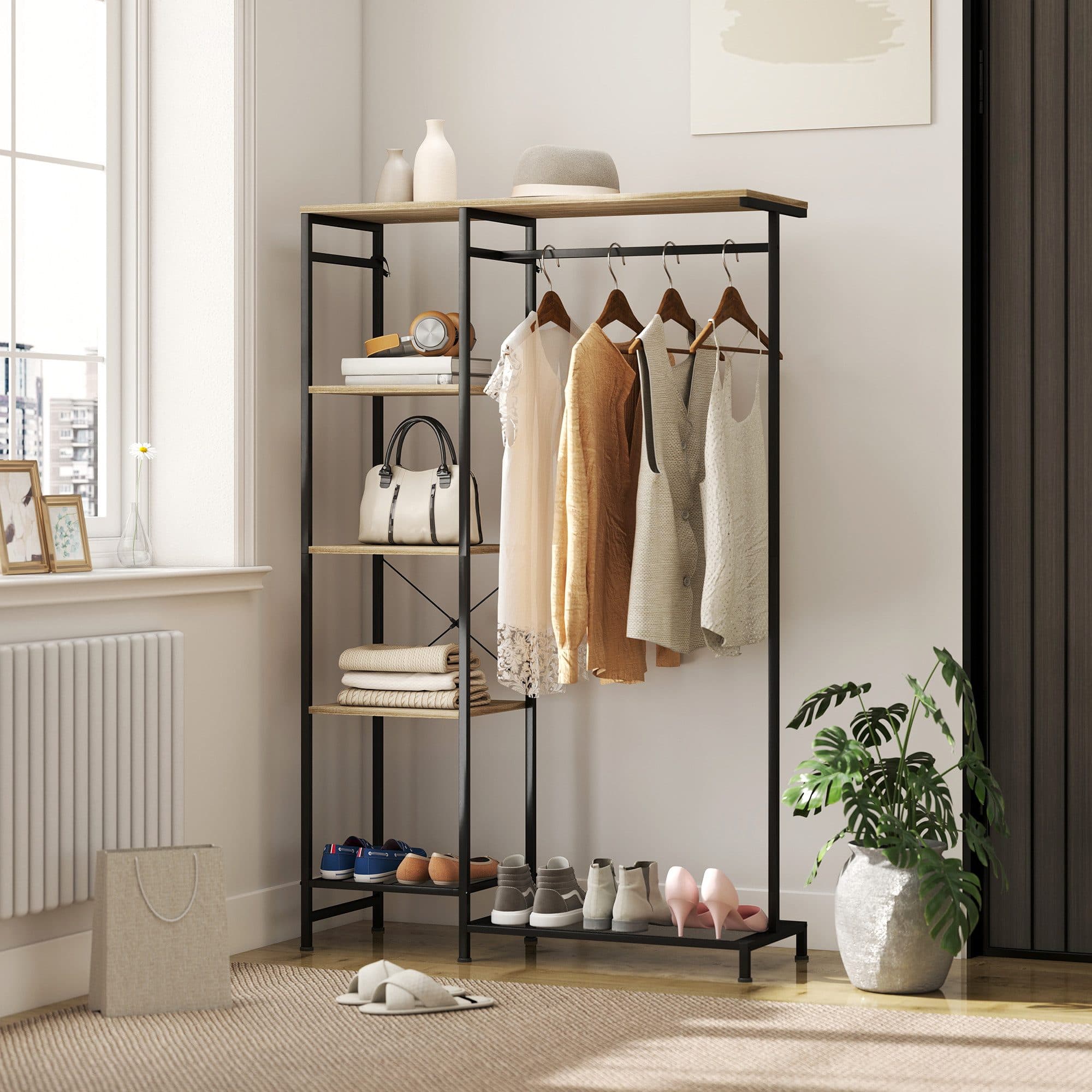HOMCOM Garderobenständer mit Kleiderstange, Schuhregal, Ablage, Kippschutz, Eiche - Bild 2