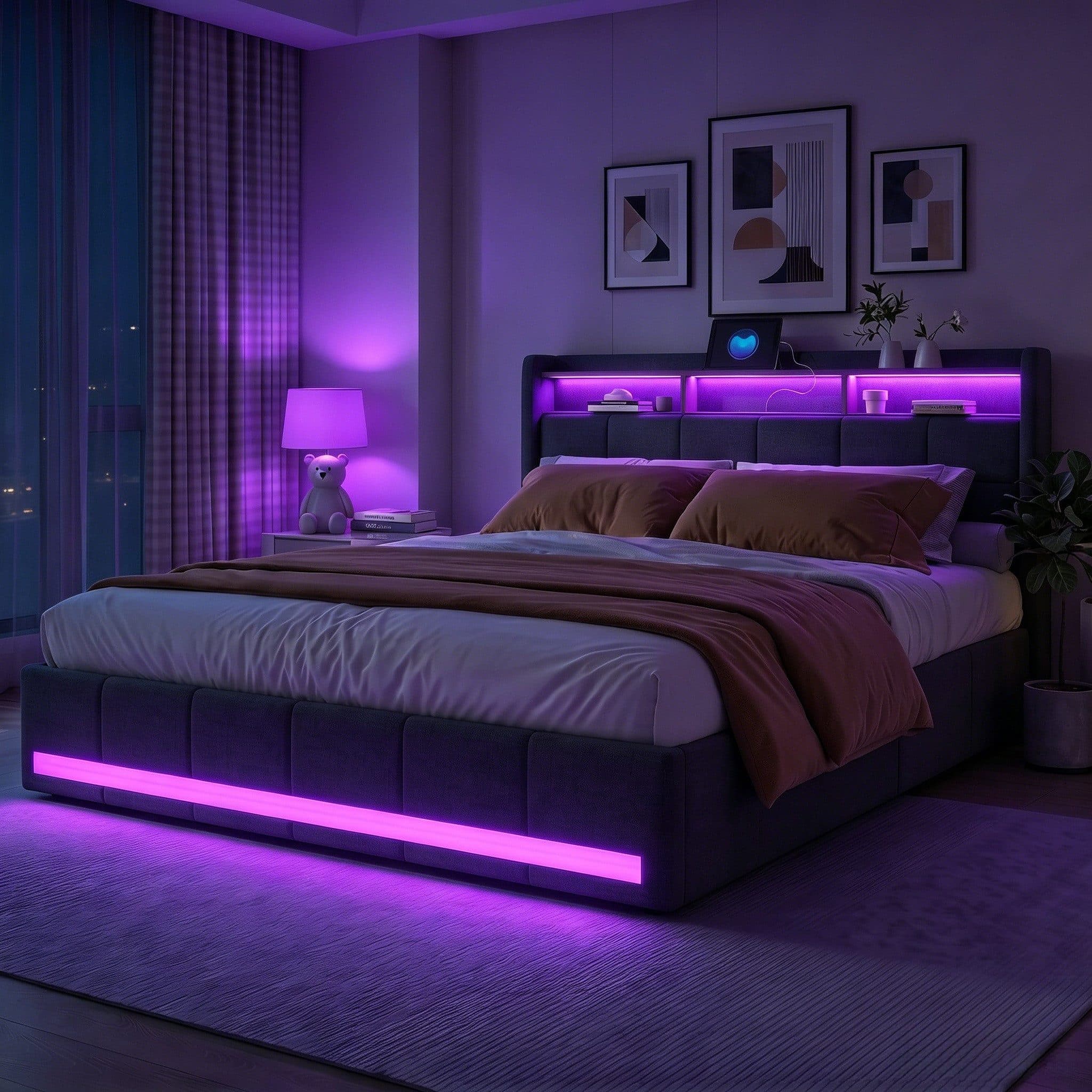 Furnishings Home Polsterbett Stauraumbett Doppelbett 180x200 cm LED USB - Bild 2