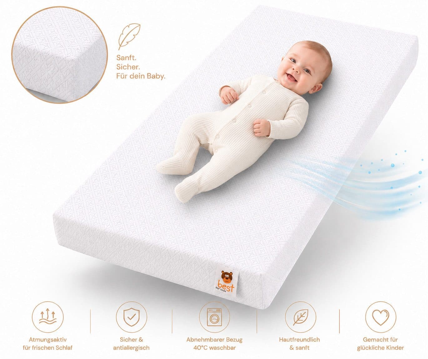 Best for Kids Kindermatratze Premium Weiß Atmungsaktiv Allergikerfreundlich - Bild 2