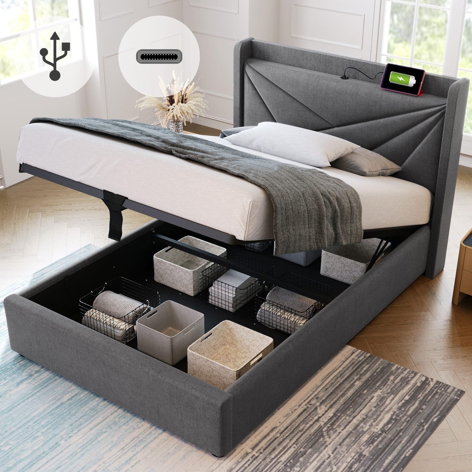 TavilaEcon Boxspringbett Einzelbett mit Stauraum und USB Typ C Ladefunktion Grau - Bild 2
