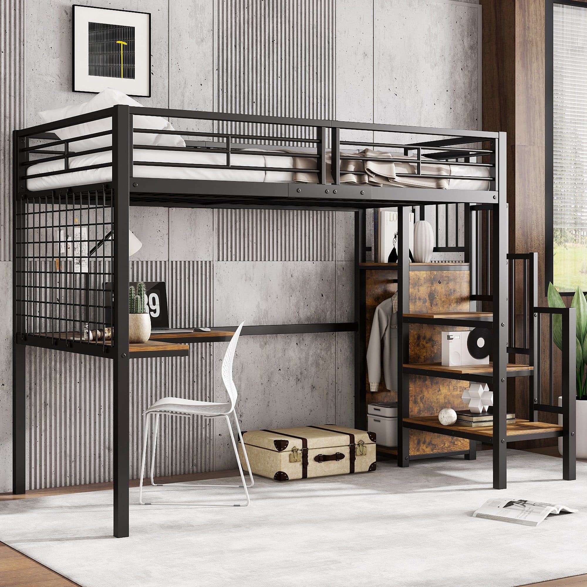 Merax Hochbett mit Schreibtisch & Kleiderschrank Schwarz/Weiß - Bild 2