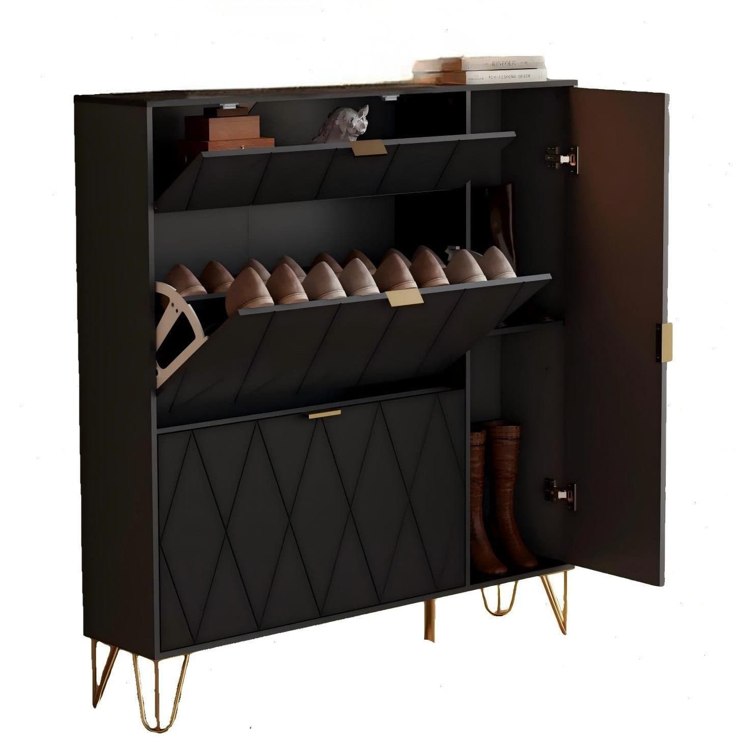 UEV Schuhschrank 4 Klappen Schwarz Gold 110x24x120cm - Bild 2