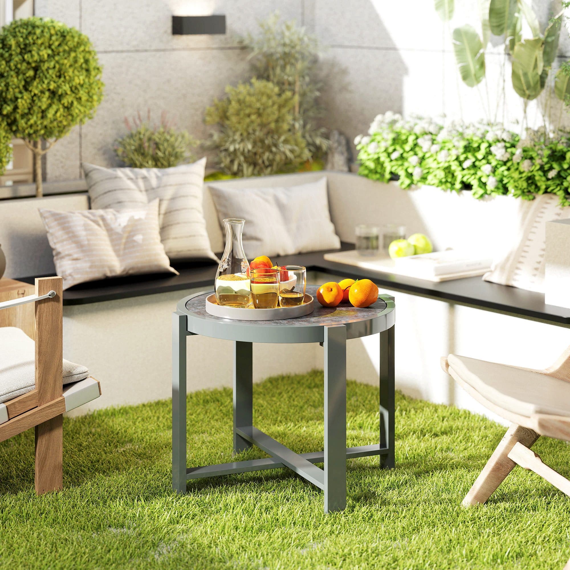 Outsunny Gartentisch mit Marmoroptik Rund Beistelltisch Aluminium - Bild 2