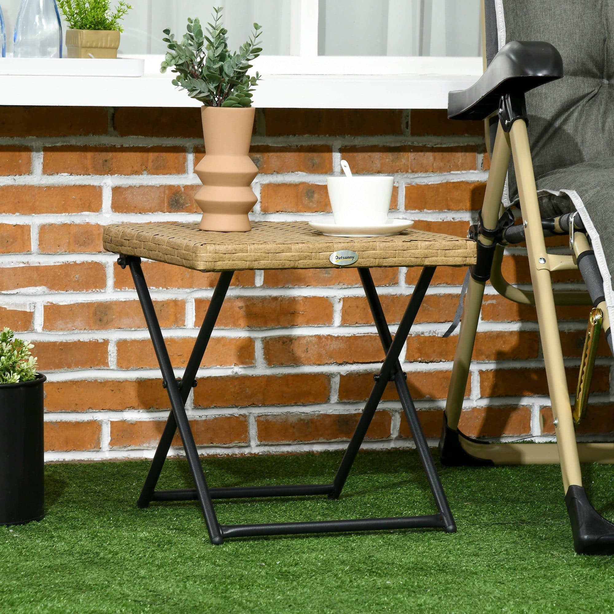Outsunny Gartentisch Polyrattan Klappbar Beistelltisch Naturholz - Bild 2