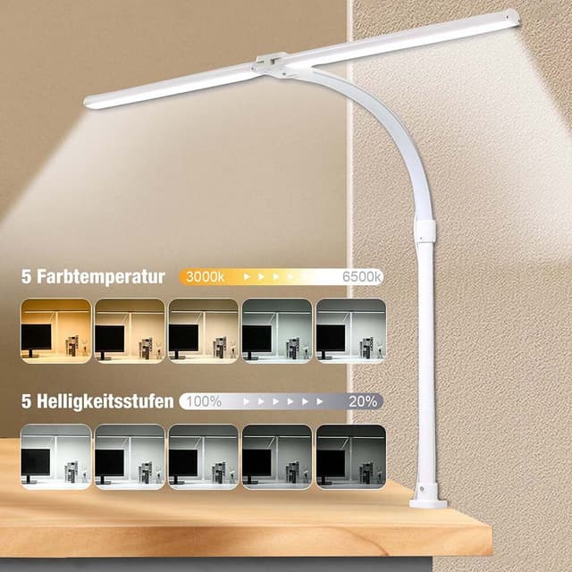 LMaxhome Dimmbare LED Schreibtischlampe mit Doppelkopf und Fernbedienung - Weiß