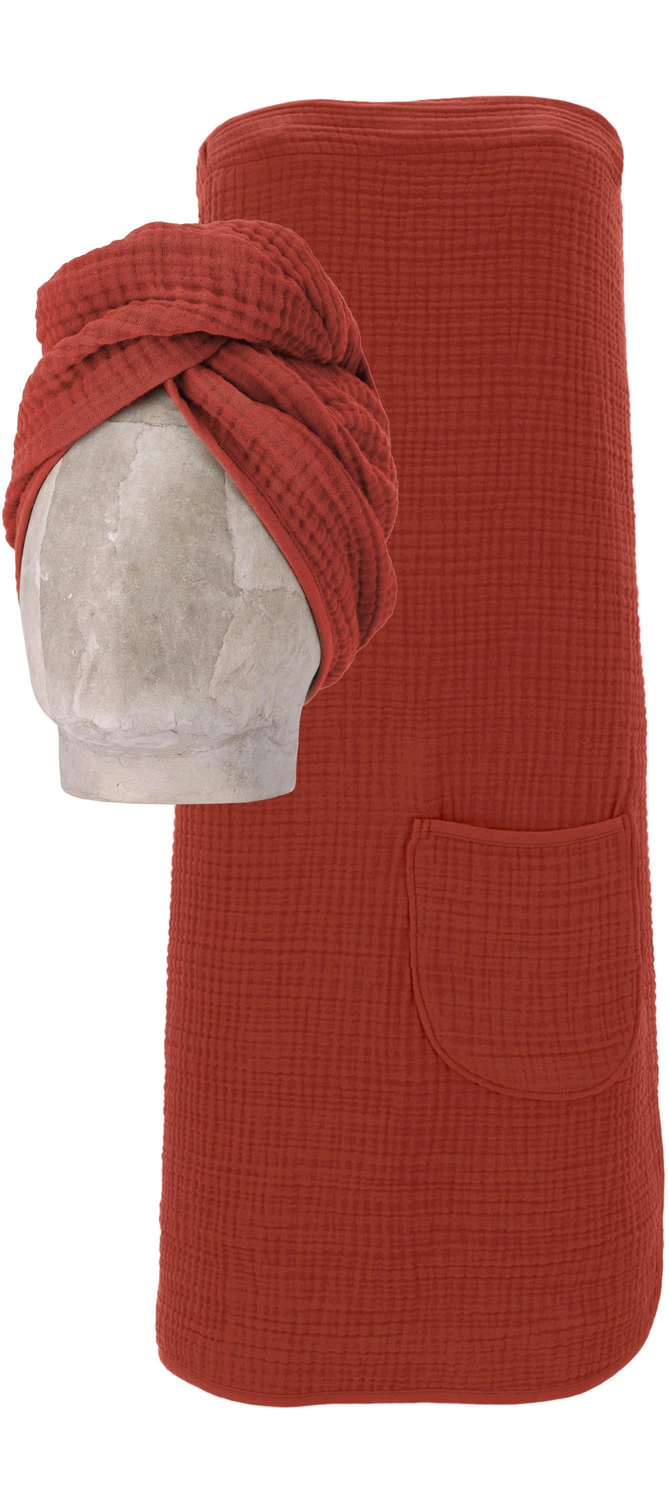 VOSSEN Kilt Wellness Set Spa Dress & Turban Baumwoll-Mix Musselin