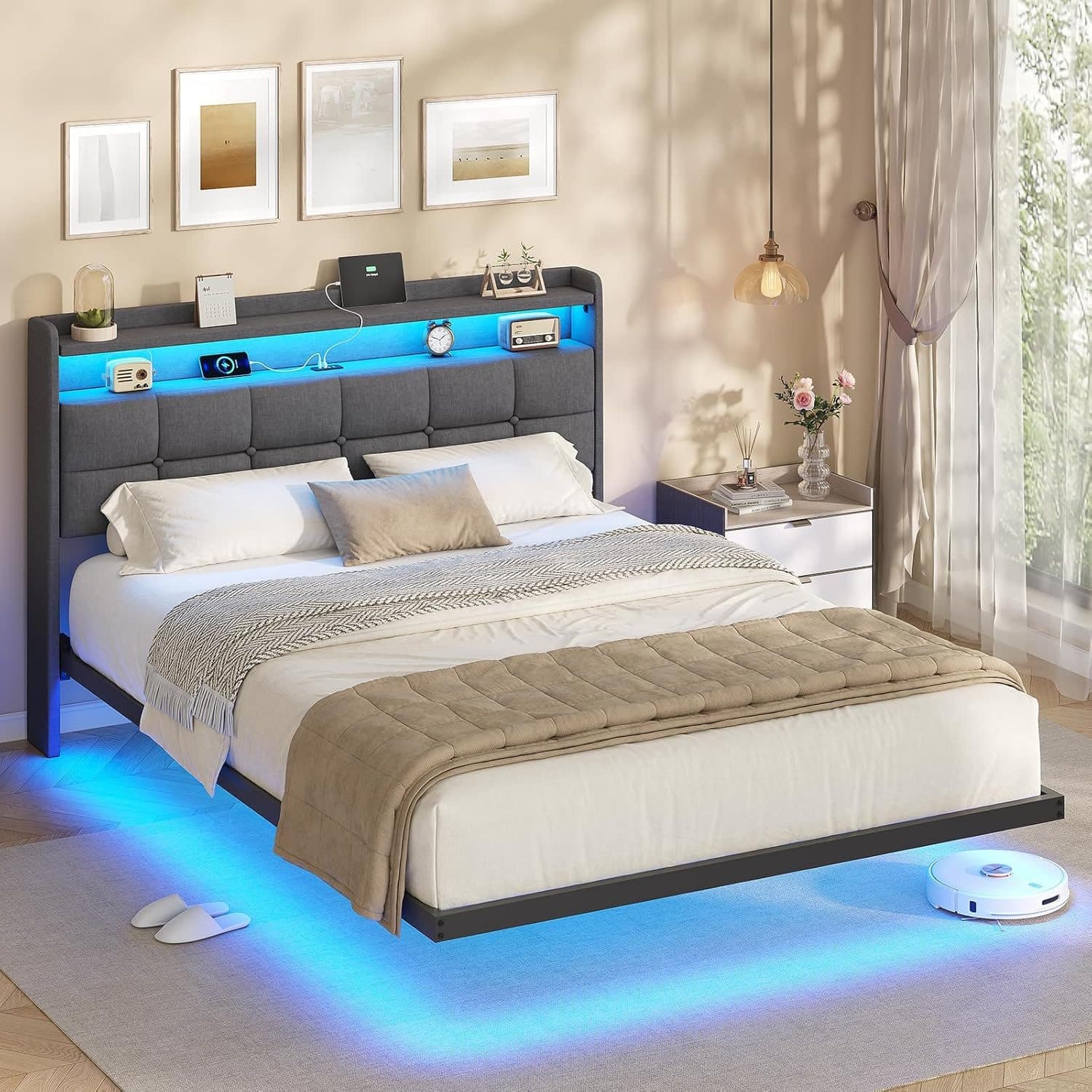 MSMASK Polsterbett Bettrahmen mit LED-Beleuchtung und Ladestation Dunkelgrau - Bild 2