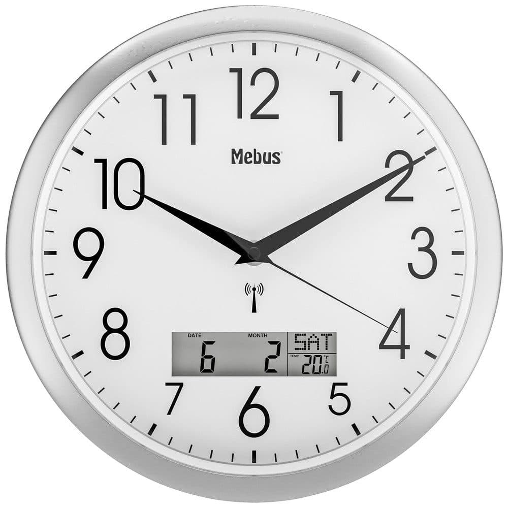 Mebus Funk Wanduhr 19422 Silber Weiß Digital Thermometer - Bild 2
