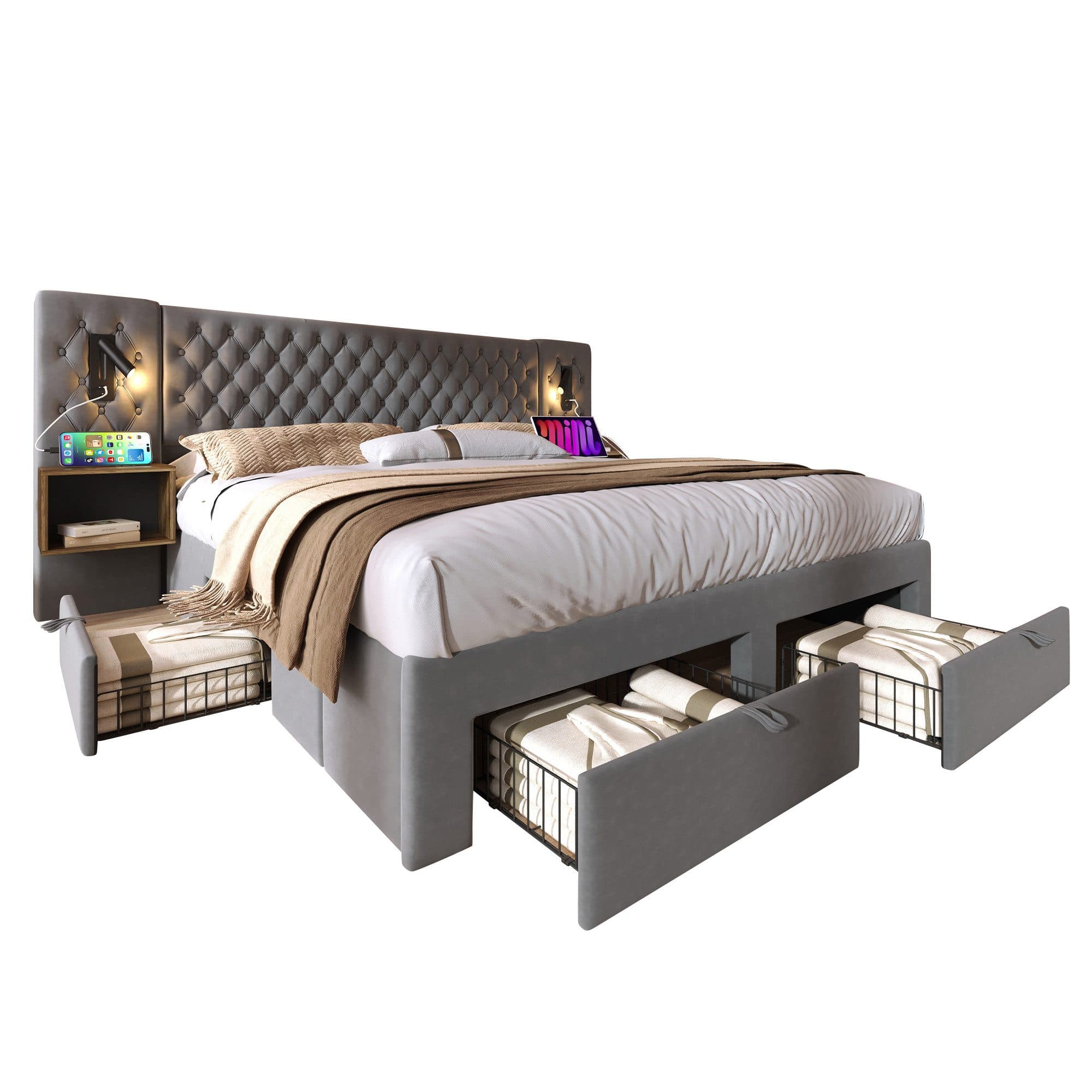 REDOM Polsterbett 180x200 Grau Samt mit 4 Schubladen & USB - Bild 2