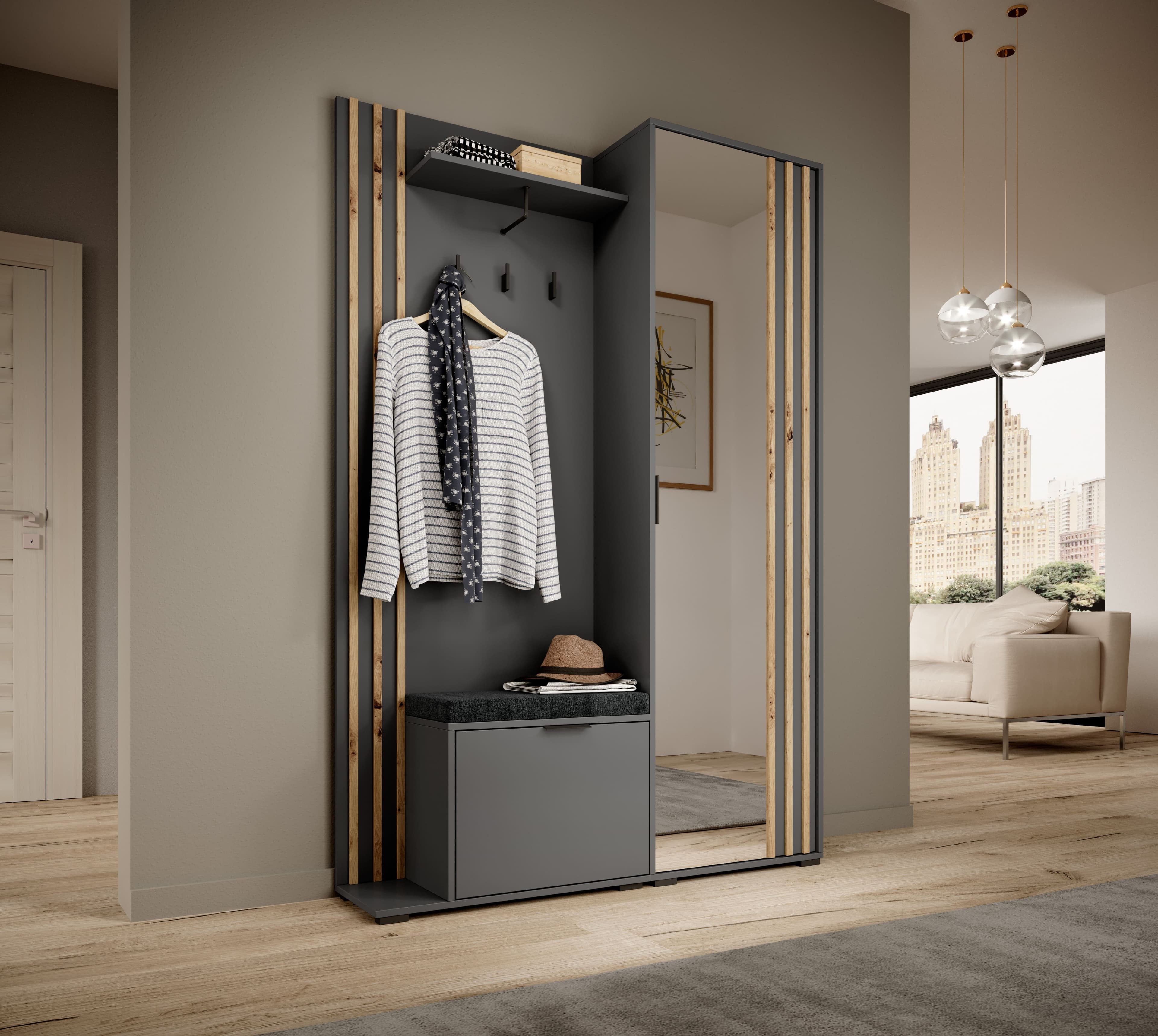 MOEBLO Kompaktgarderobe JOHN Grau mit Spiegel und Lamellen - Bild 2