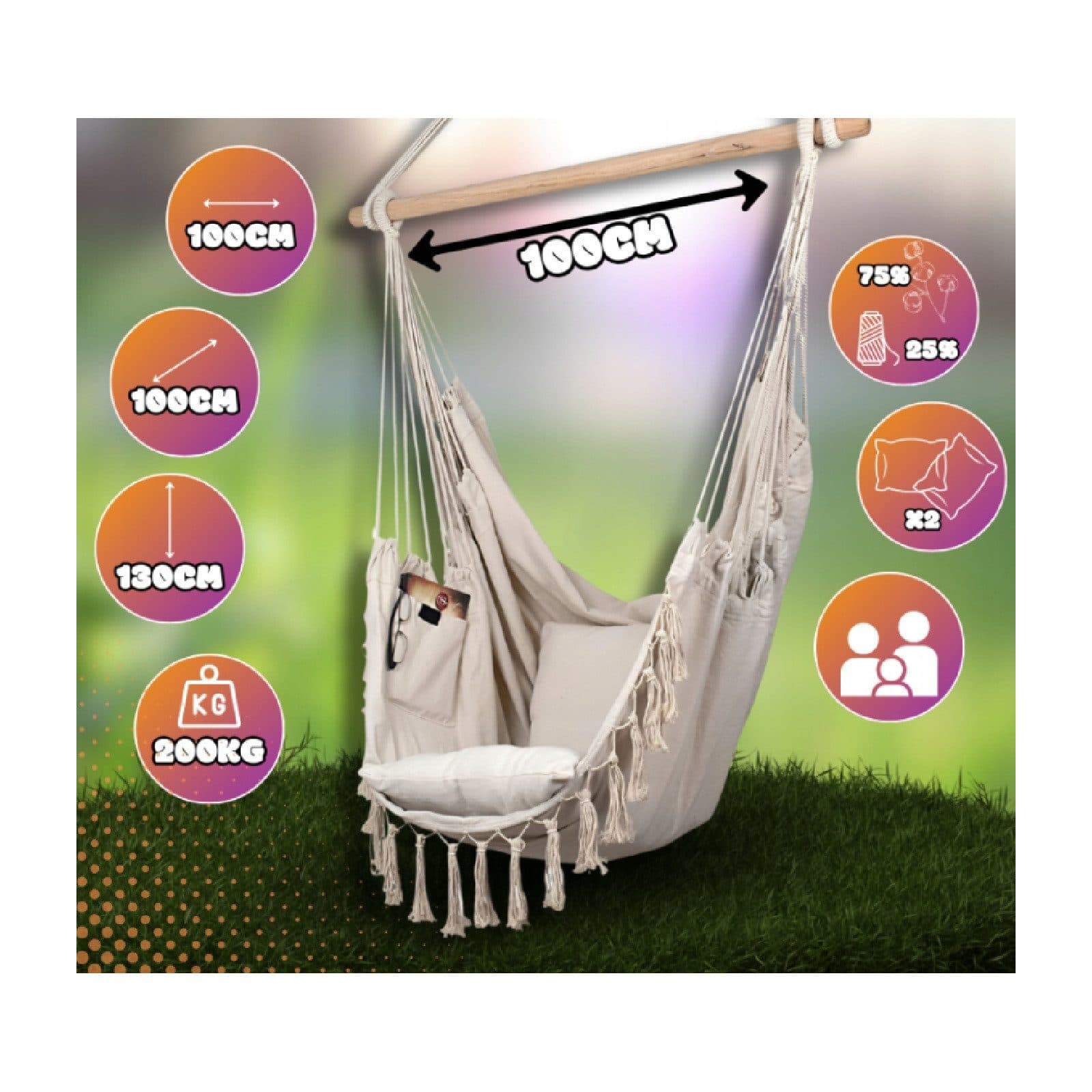QLS Hängesessel Boho-Stil Beige mit 2 Kissen - Bild 2