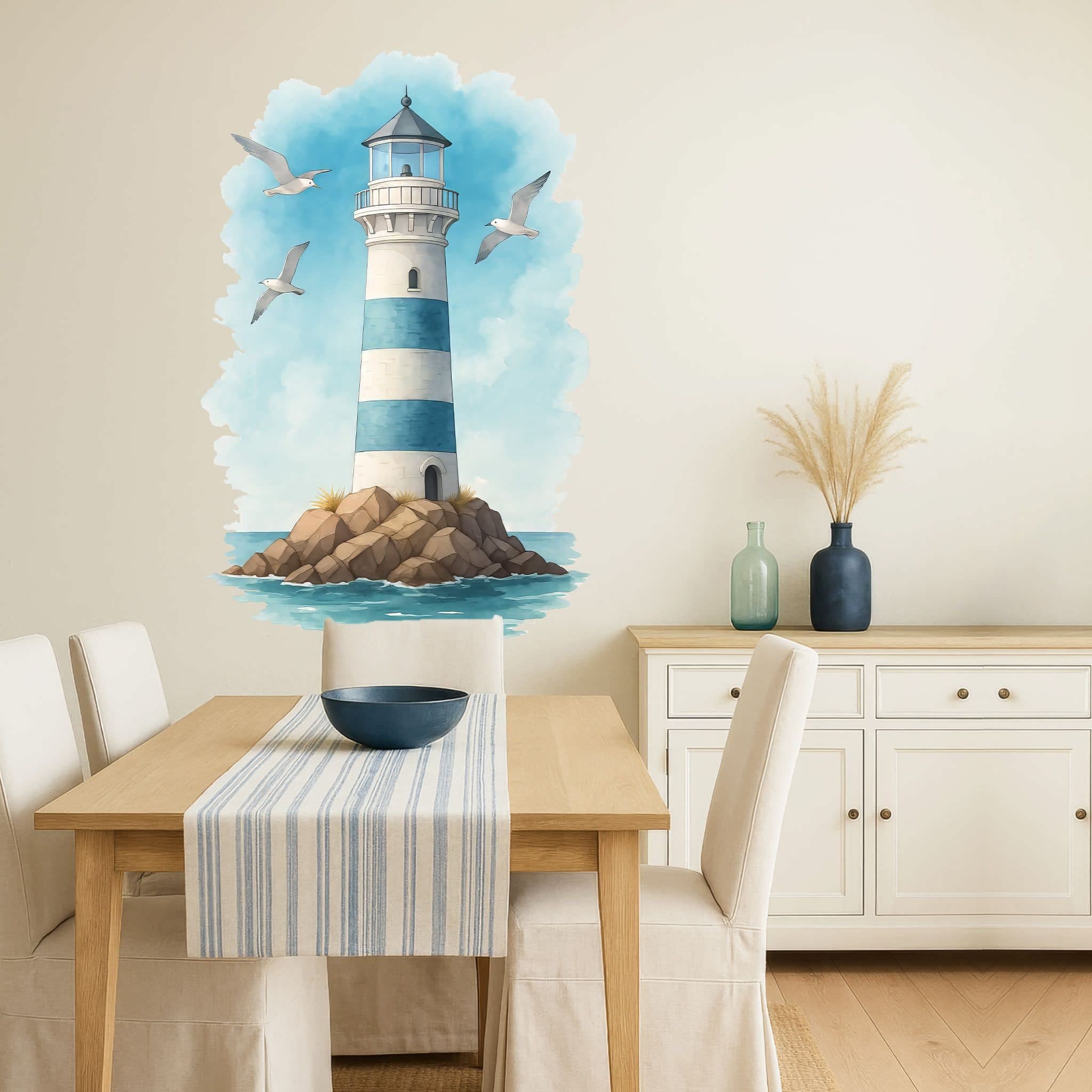 Sunnywall Wandtattoo Maritim Leuchtturm & Möwen Aquarell Blau-Weiß - Bild 2