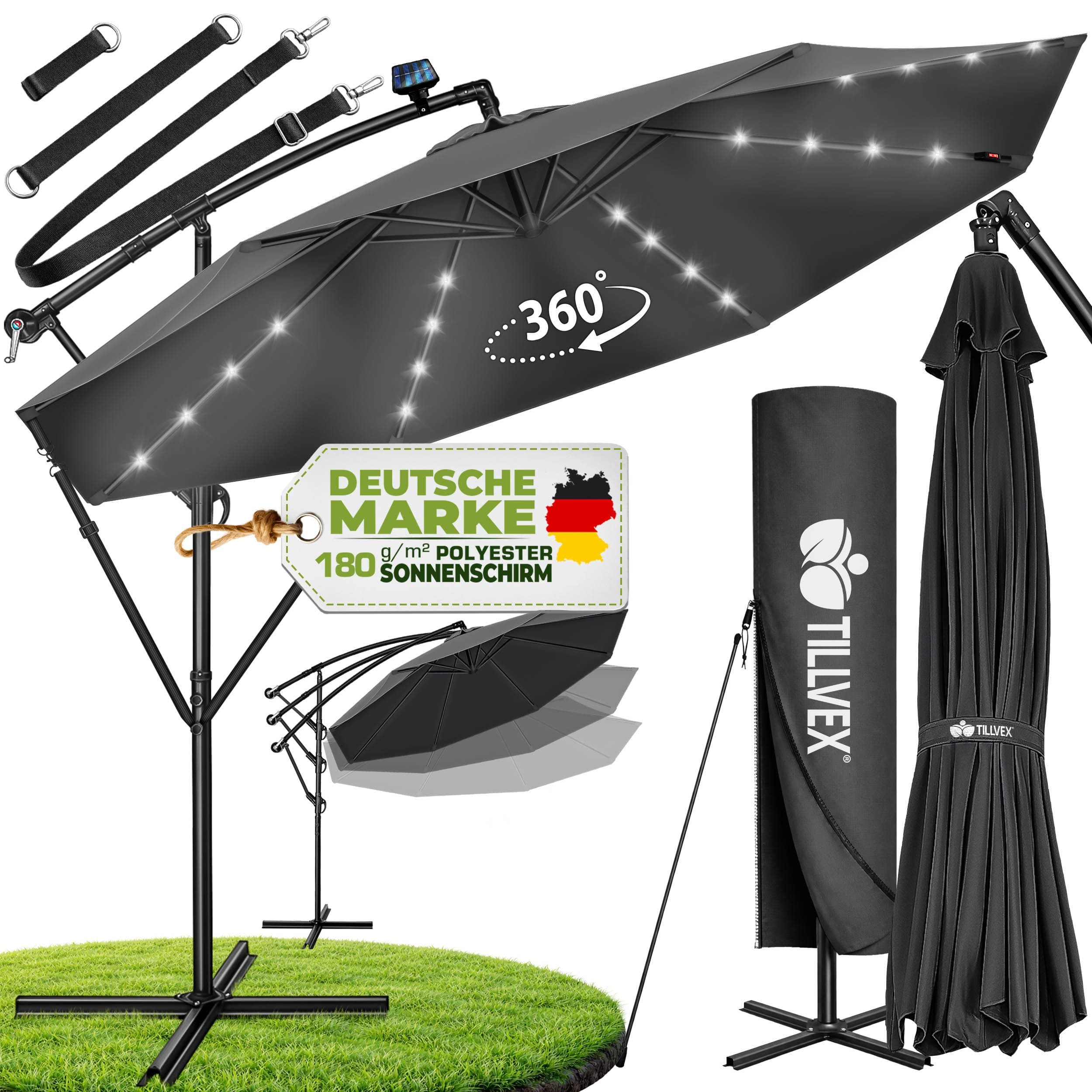tillvex Sonnenschirm LED Solar 3m Anthrazit Aluminium - Bild 2